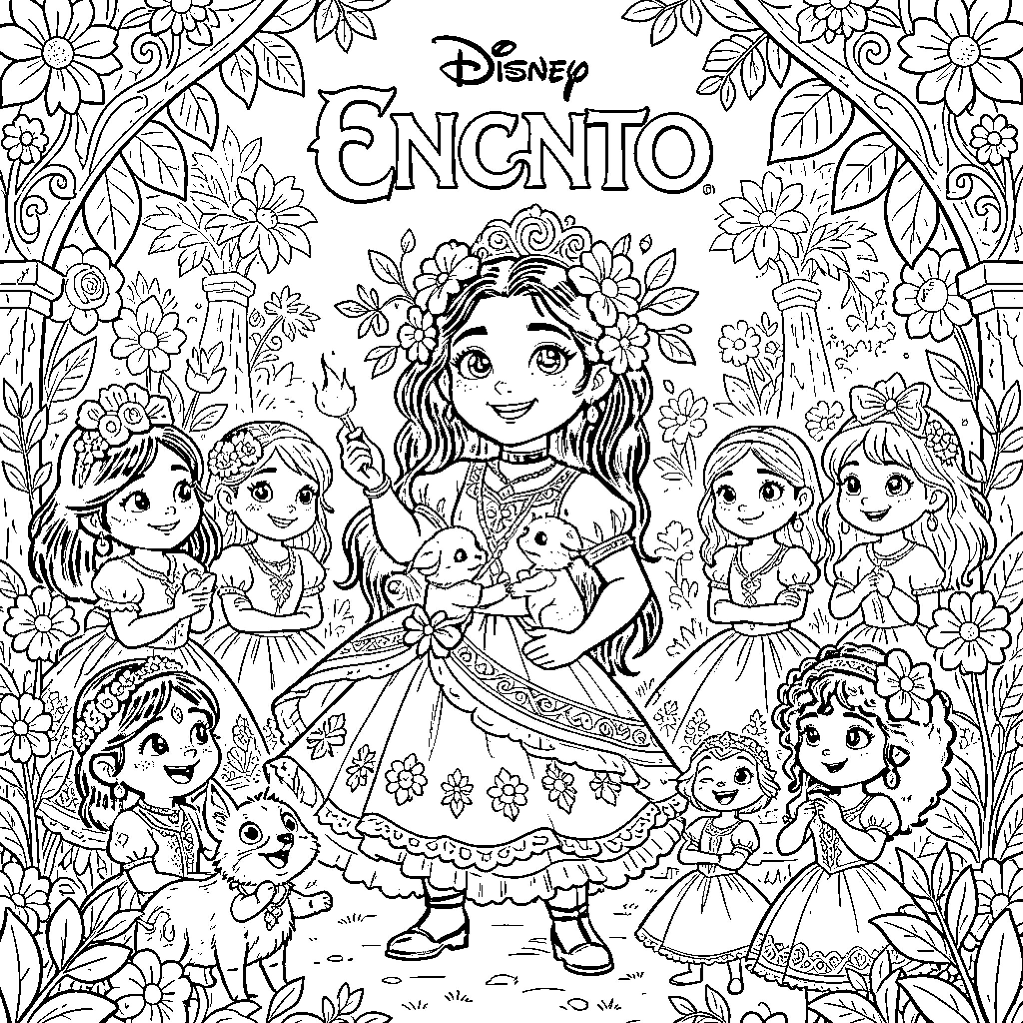 Encanto: Characters in a Floral Wonderland Coloring Page (free black-and-white line drawing printable PDF for all, from beginners to advanced learners, including children, teens, adults, and seniors)