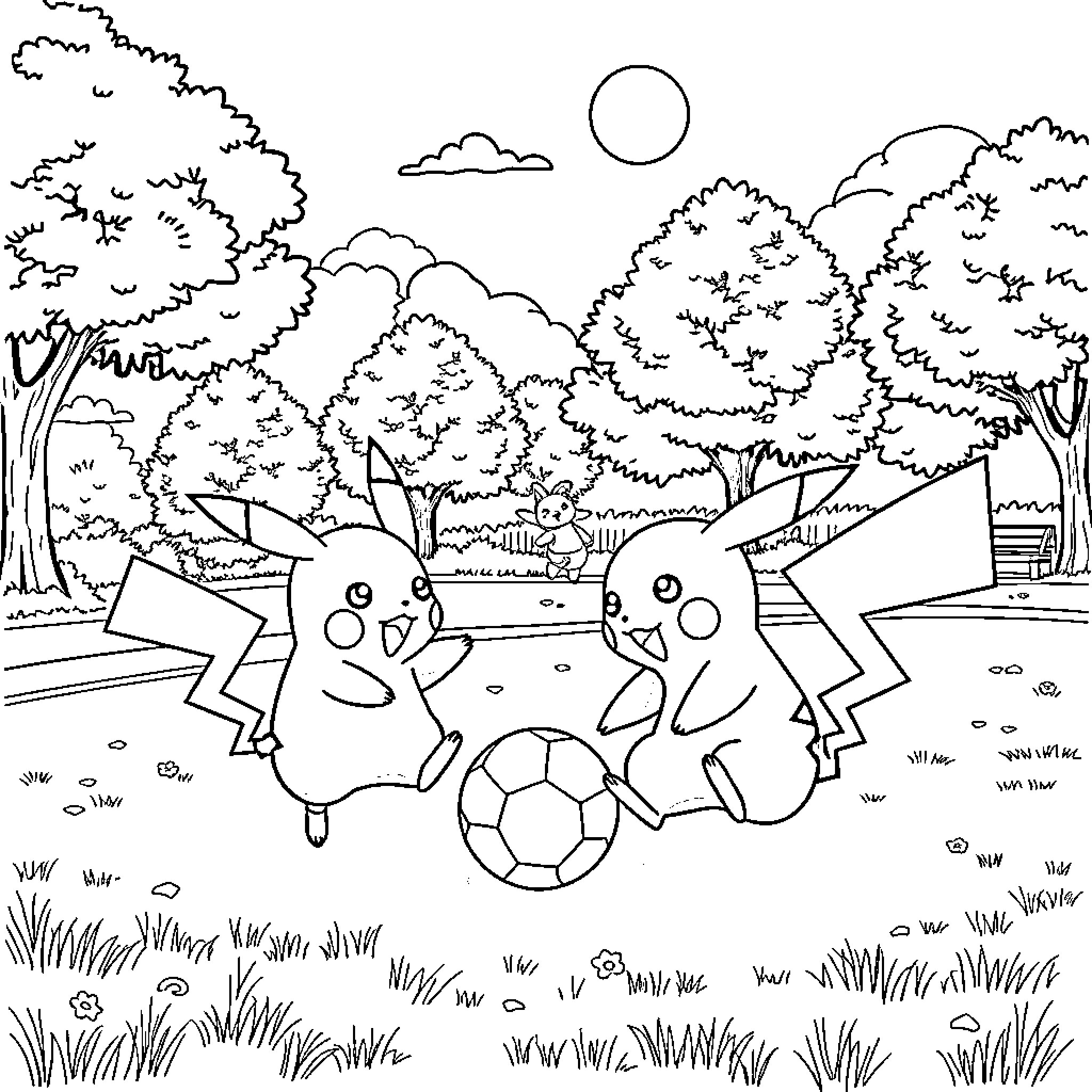 Pikachu playing soccer in the park Coloring Page (free black-and-white line drawing printable PDF for all, from beginners to advanced learners, including children, teens, adults, and seniors)
