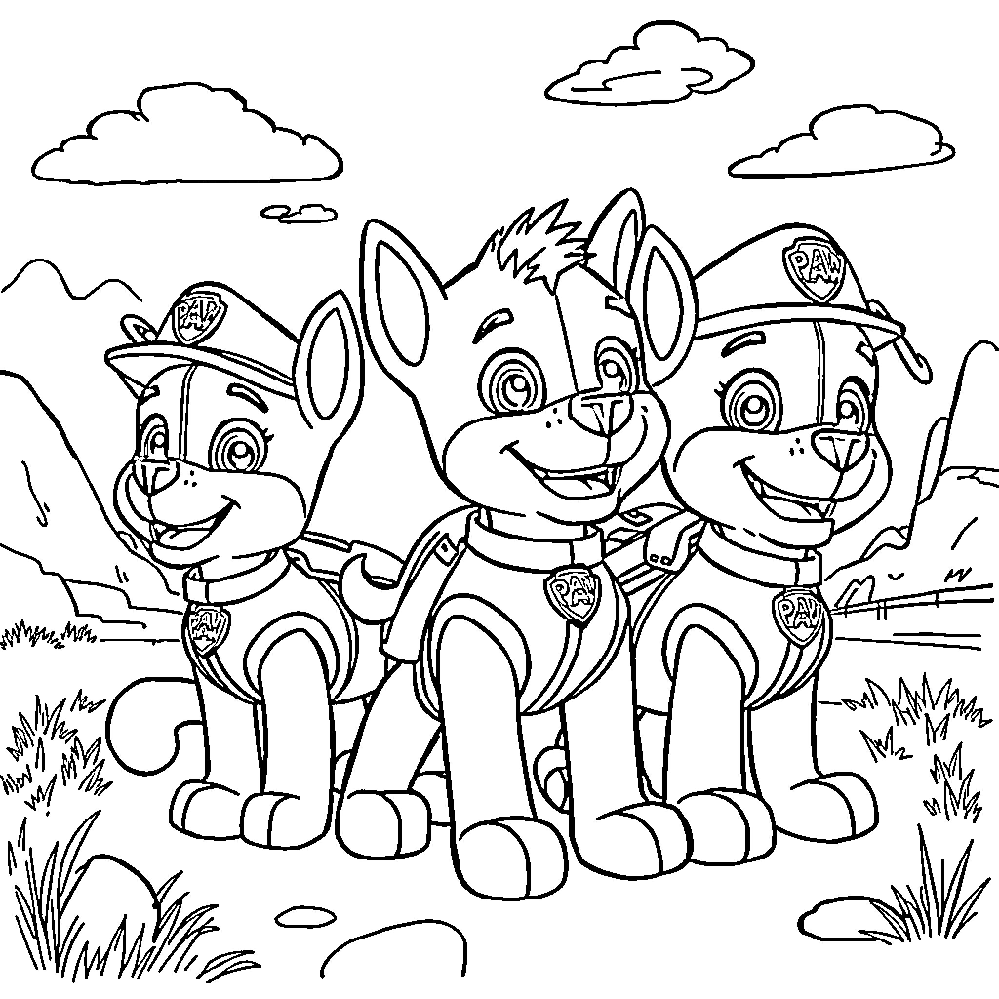 Paw Patrol Pups on Outdoor Adventure Coloring Page (free black-and-white line drawing printable PDF for all, from beginners to advanced learners, including children, teens, adults, and seniors)