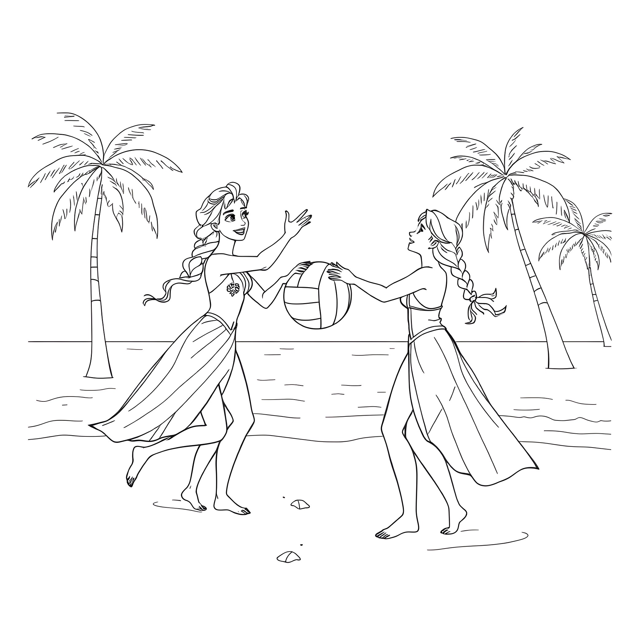 Princess Enjoying Beach Fun with Friend Coloring Page (free black-and-white line drawing printable PDF for all, from beginners to advanced learners, including children, teens, adults, and seniors)