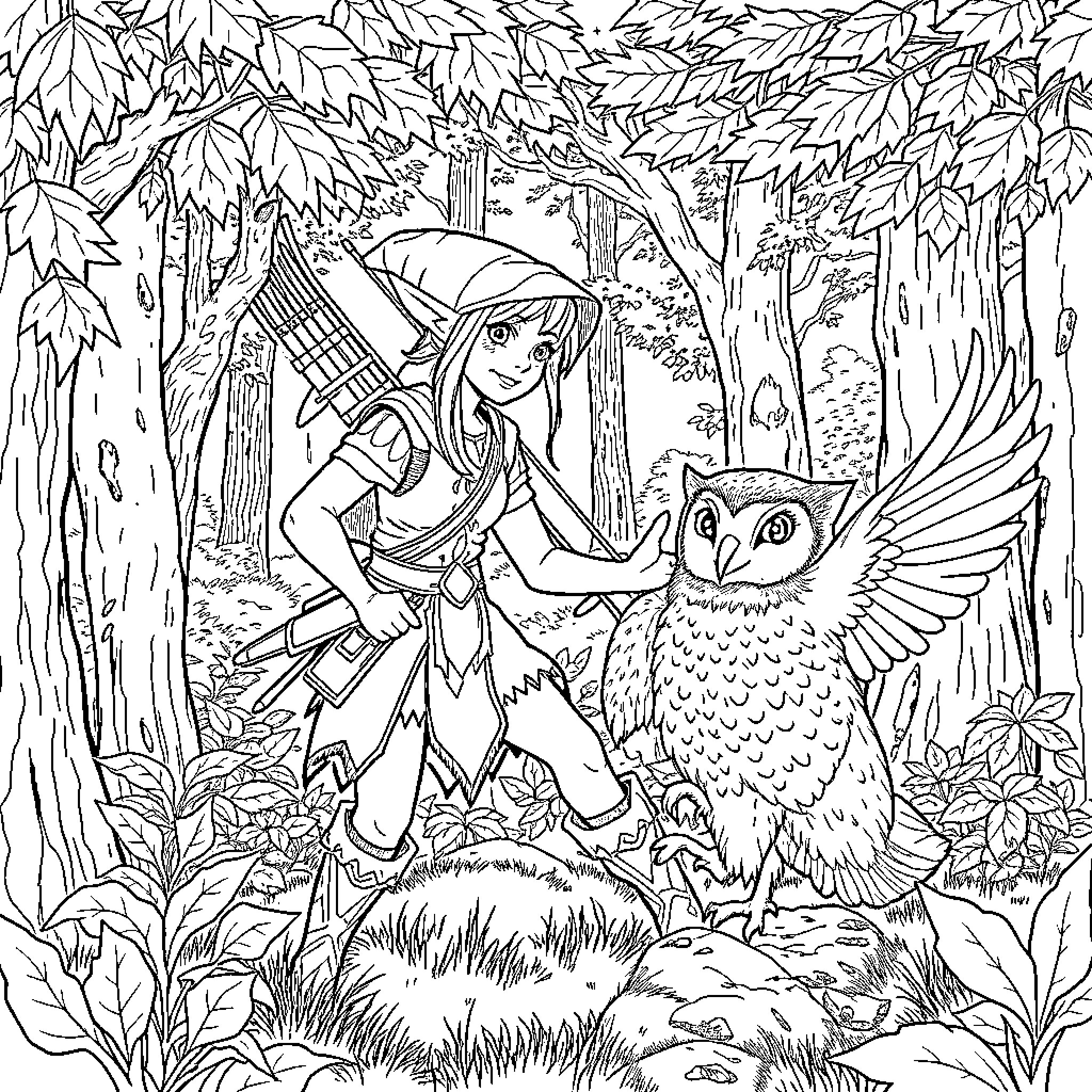 Elf Interacting with Magical Creature in Enchanted Forest Coloring Page (free black-and-white line drawing printable PDF for all, from beginners to advanced learners, including children, teens, adults, and seniors)