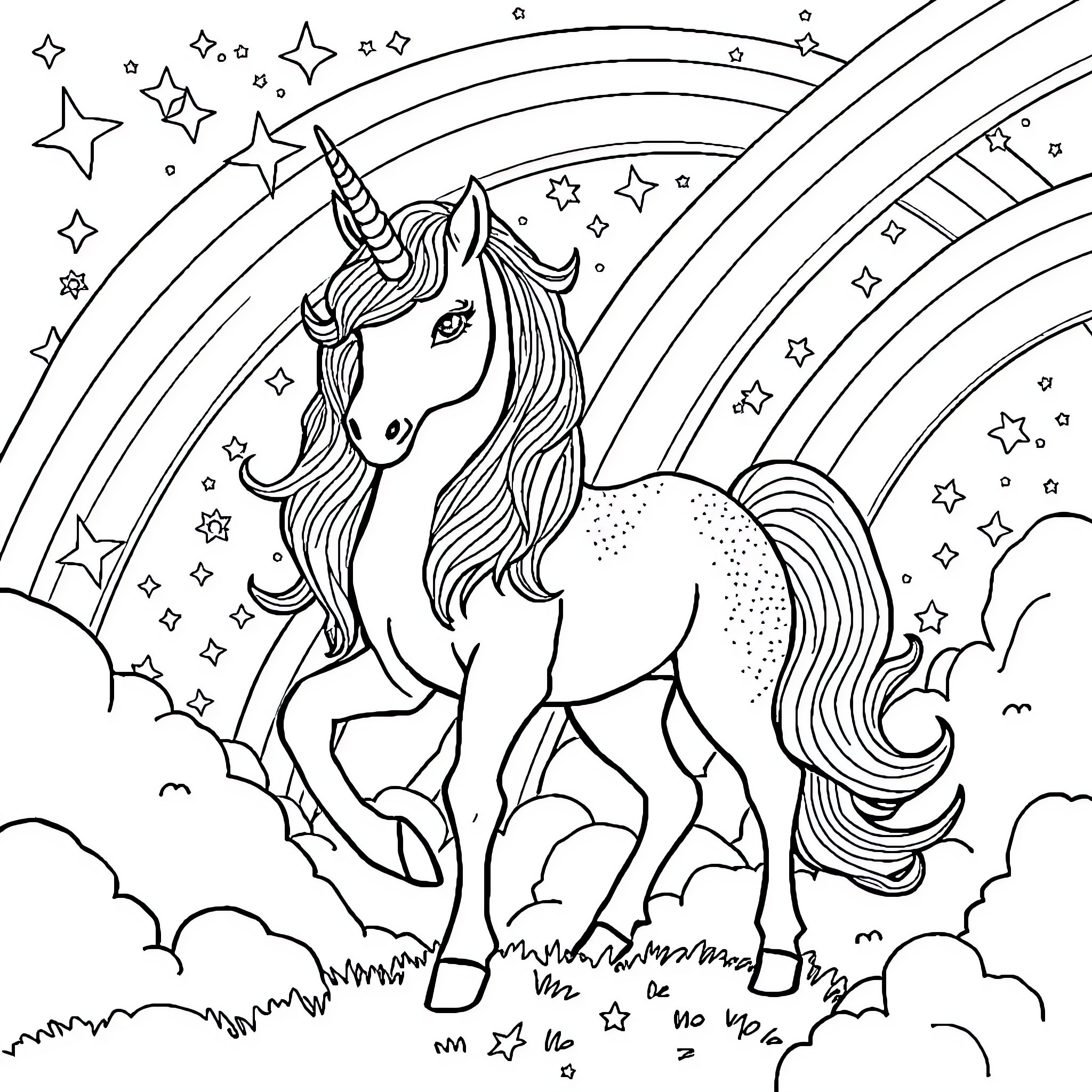 Unicorn prancing under a starry sky Coloring Page (free black-and-white line drawing printable PDF for all, from beginners to advanced learners, including children, teens, adults, and seniors)