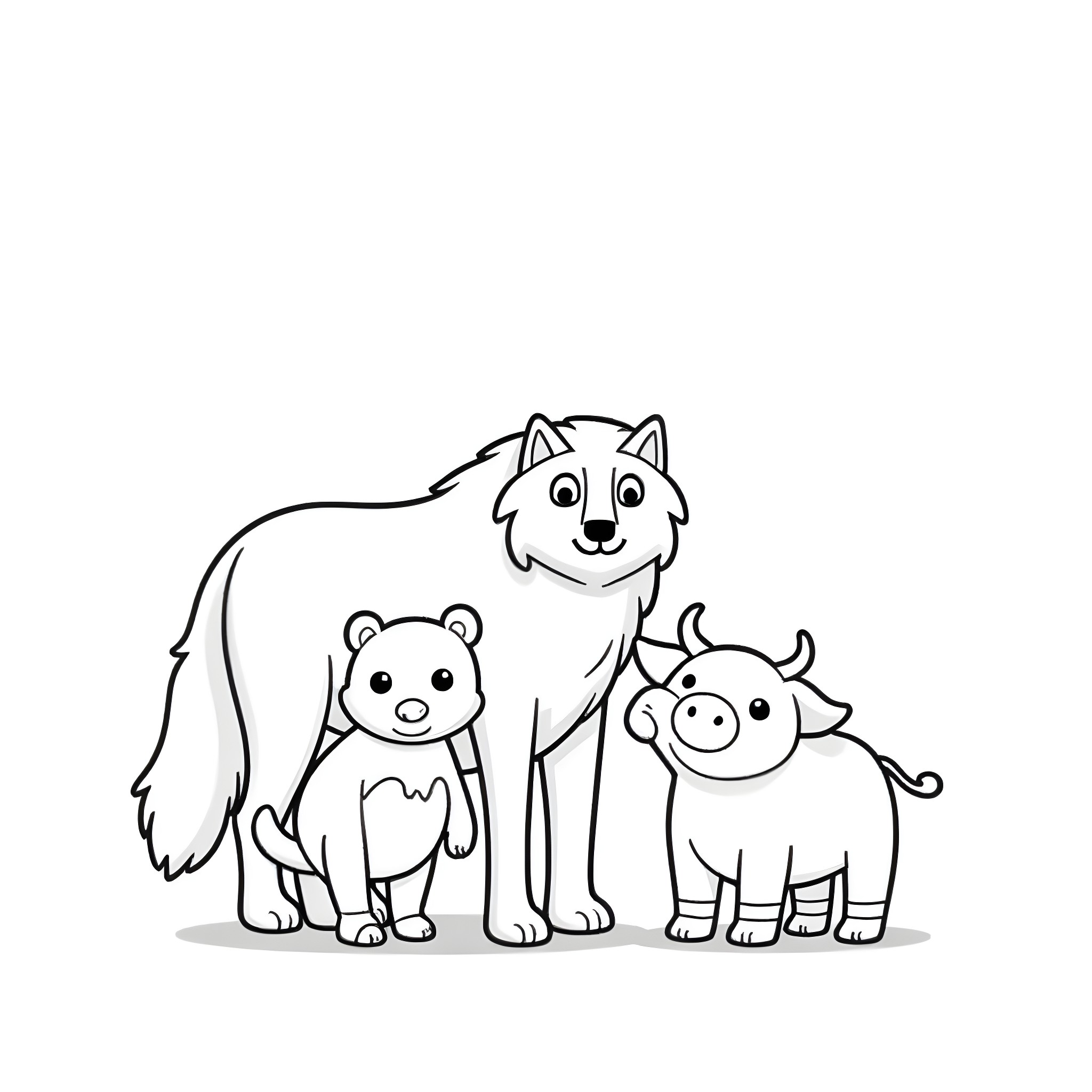 Wolf, bear, and pig cartoon animals Coloring Page (free black-and-white line drawing printable PDF for all, from beginners to advanced learners, including children, teens, adults, and seniors)