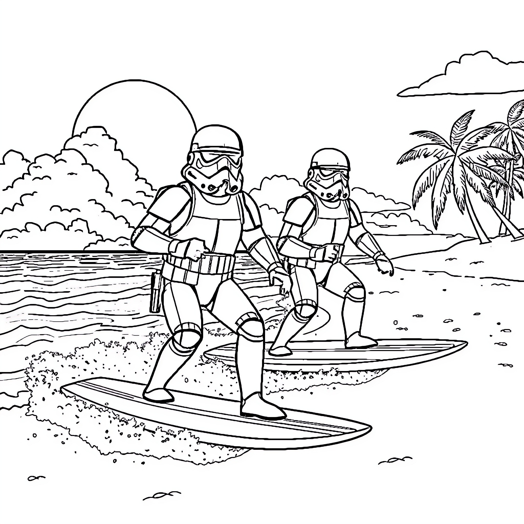 Stormtroopers surfing on the beach Coloring Page (free black-and-white line drawing printable PDF for all, from beginners to advanced learners, including children, teens, adults, and seniors)