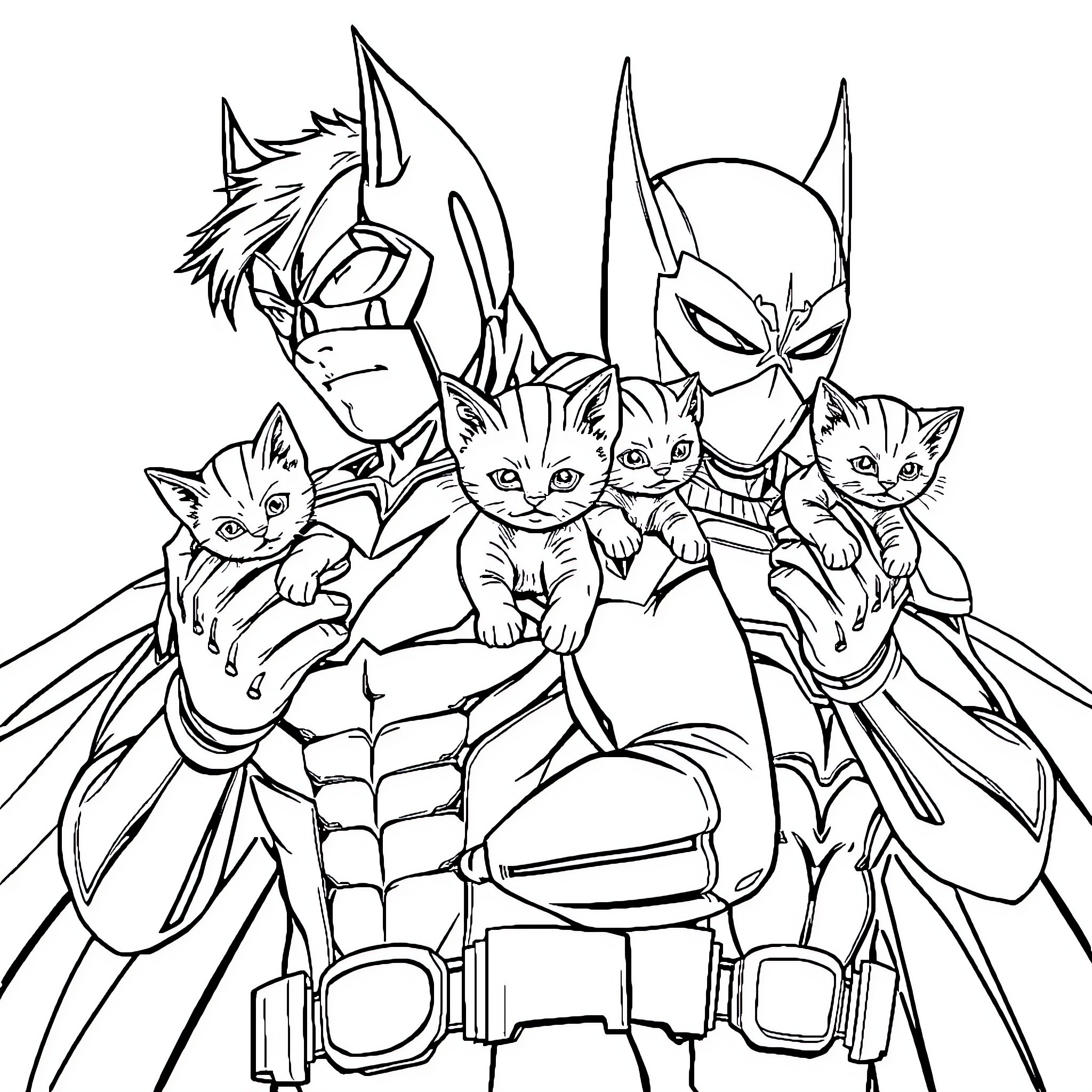 Superheroes Assembled with Adorable Kittens Coloring Page (free black-and-white line drawing printable PDF for all, from beginners to advanced learners, including children, teens, adults, and seniors)