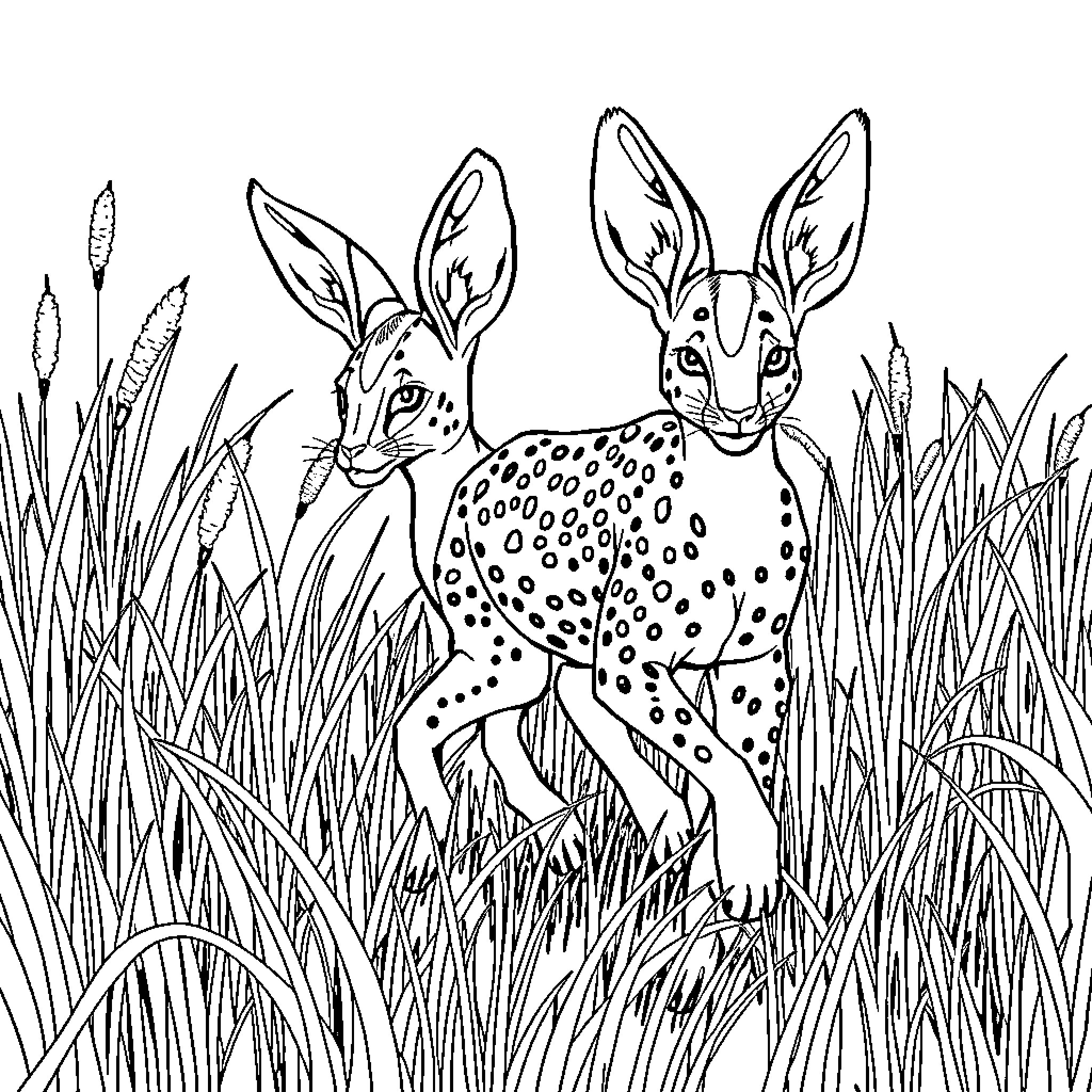 Serval siblings exploring the wilderness Coloring Page (free black-and-white line drawing printable PDF for all, from beginners to advanced learners, including children, teens, adults, and seniors)