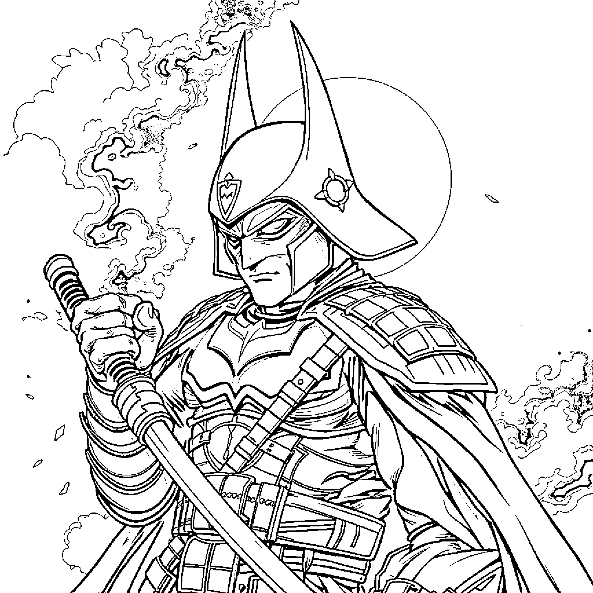 Batman in Intense Battle Pose Coloring Page (free black-and-white line drawing printable PDF for all, from beginners to advanced learners, including children, teens, adults, and seniors)