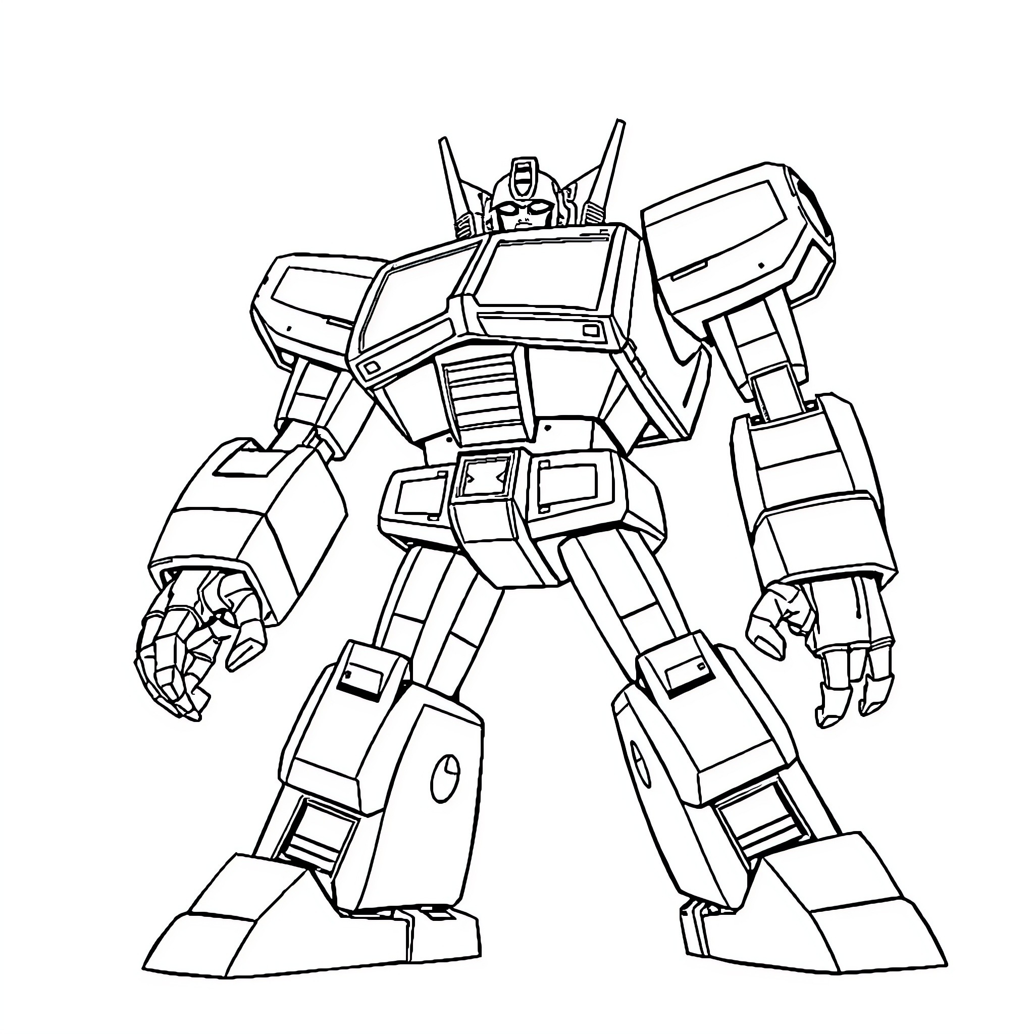 Robot in heroic battle stance Coloring Page (free black-and-white line drawing printable PDF for all, from beginners to advanced learners, including children, teens, adults, and seniors)