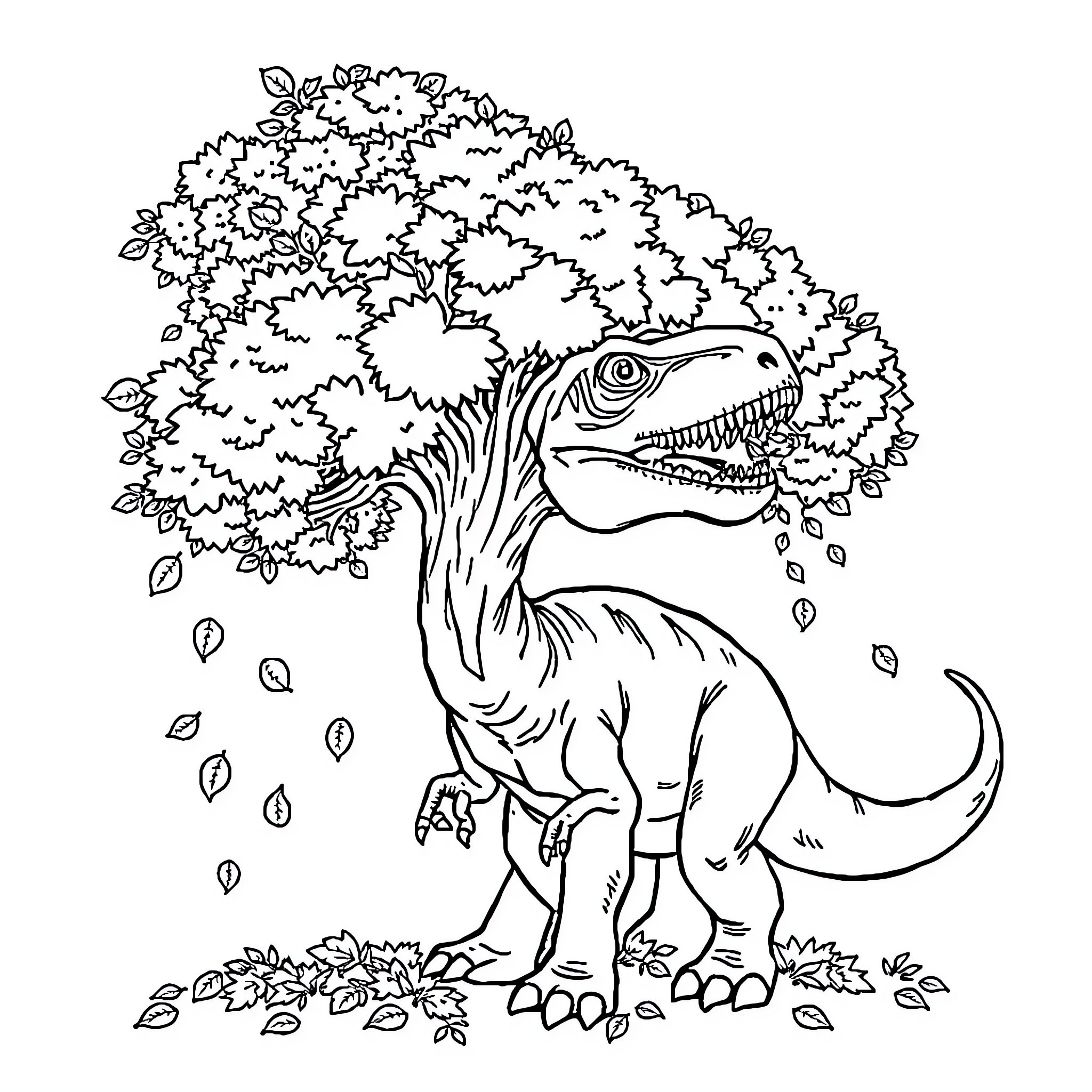 Dinosaur standing beneath a lush, leafy tree Coloring Page (free black-and-white line drawing printable PDF for all, from beginners to advanced learners, including children, teens, adults, and seniors)