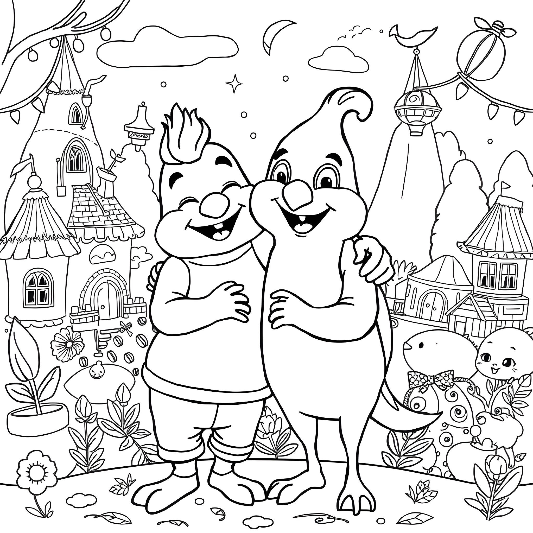Simon and his friend exploring a whimsical fantasy world Coloring Page (free black-and-white line drawing printable PDF for all, from beginners to advanced learners, including children, teens, adults, and seniors)
