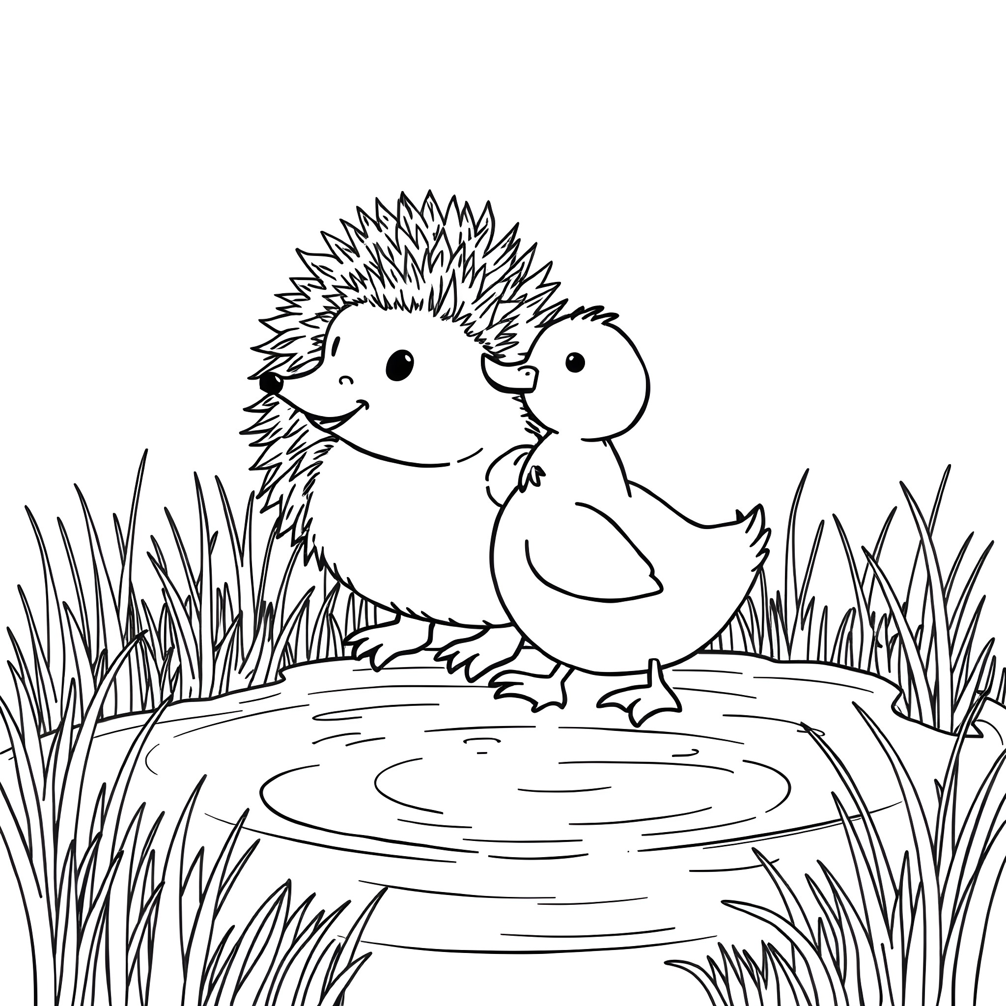 Hedgehog and duckling exploring nature Coloring Page (free black-and-white line drawing printable PDF for all, from beginners to advanced learners, including children, teens, adults, and seniors)