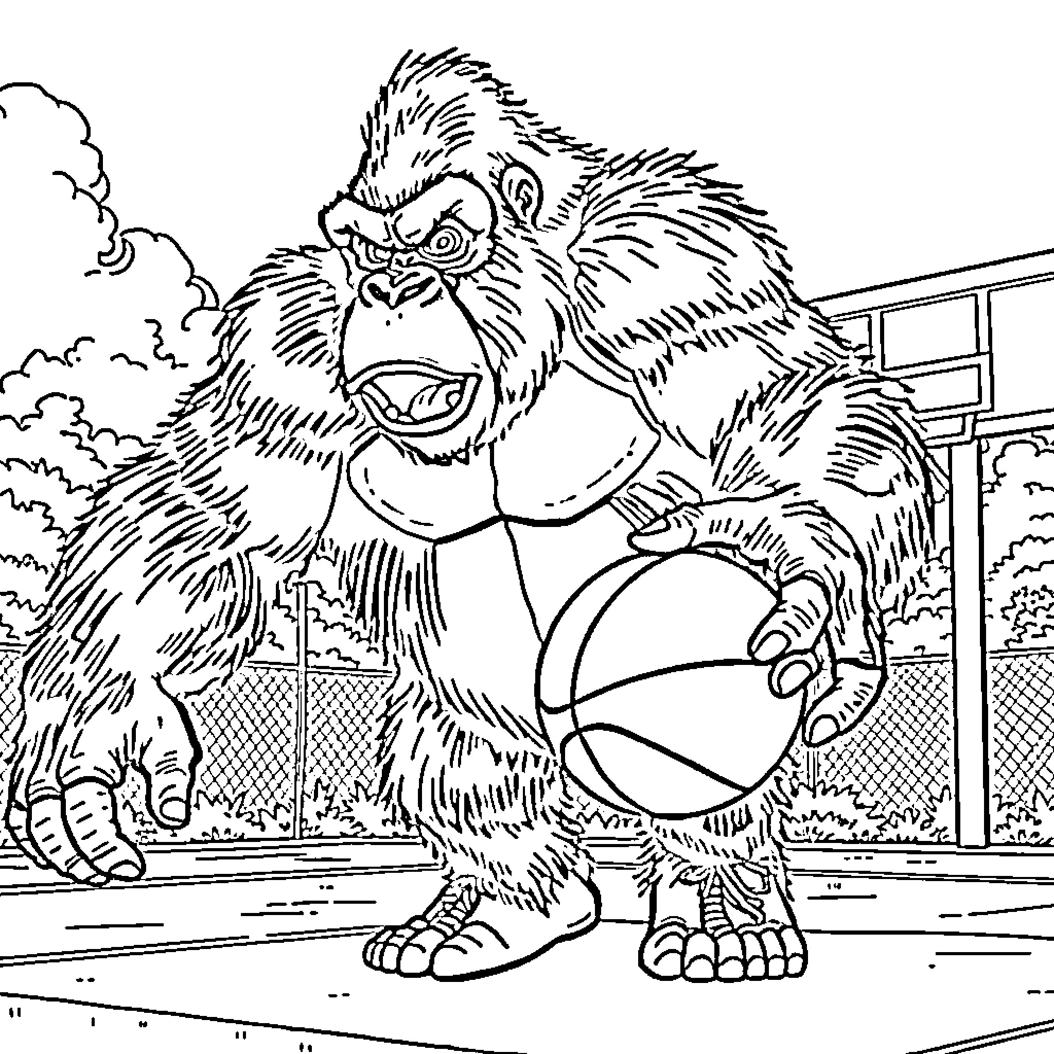 King Kong playing basketball in the city Coloring Page (free black-and-white line drawing printable PDF for all, from beginners to advanced learners, including children, teens, adults, and seniors)
