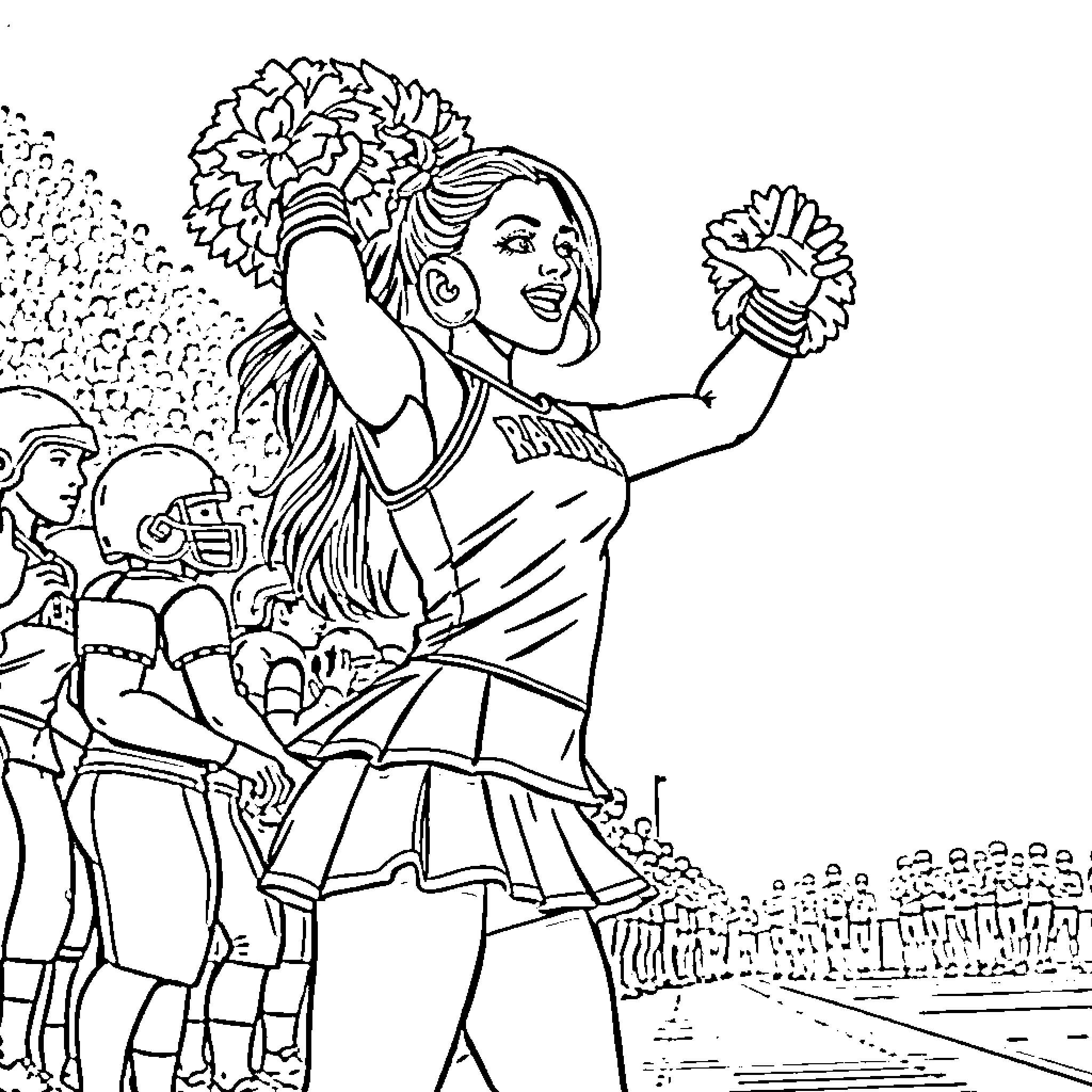Cheerleader performing enthusiastic routine in front of audience Coloring Page (free black-and-white line drawing printable PDF for all, from beginners to advanced learners, including children, teens, adults, and seniors)