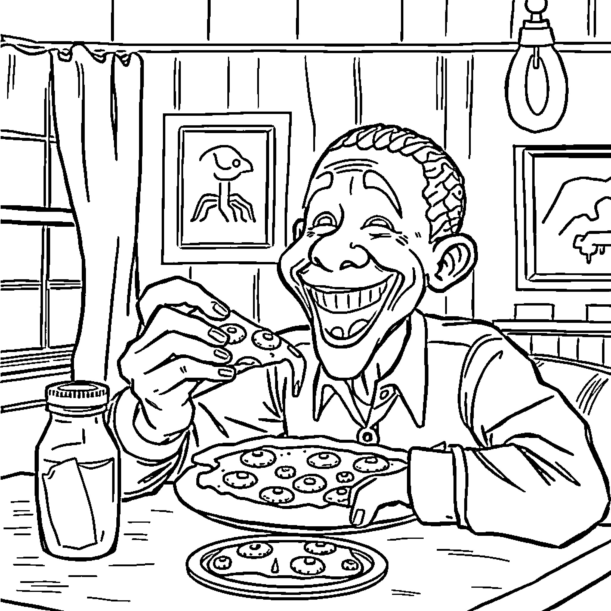 Brock Obama enjoys delicious pizza in his cozy home Coloring Page (free black-and-white line drawing printable PDF for all, from beginners to advanced learners, including children, teens, adults, and seniors)