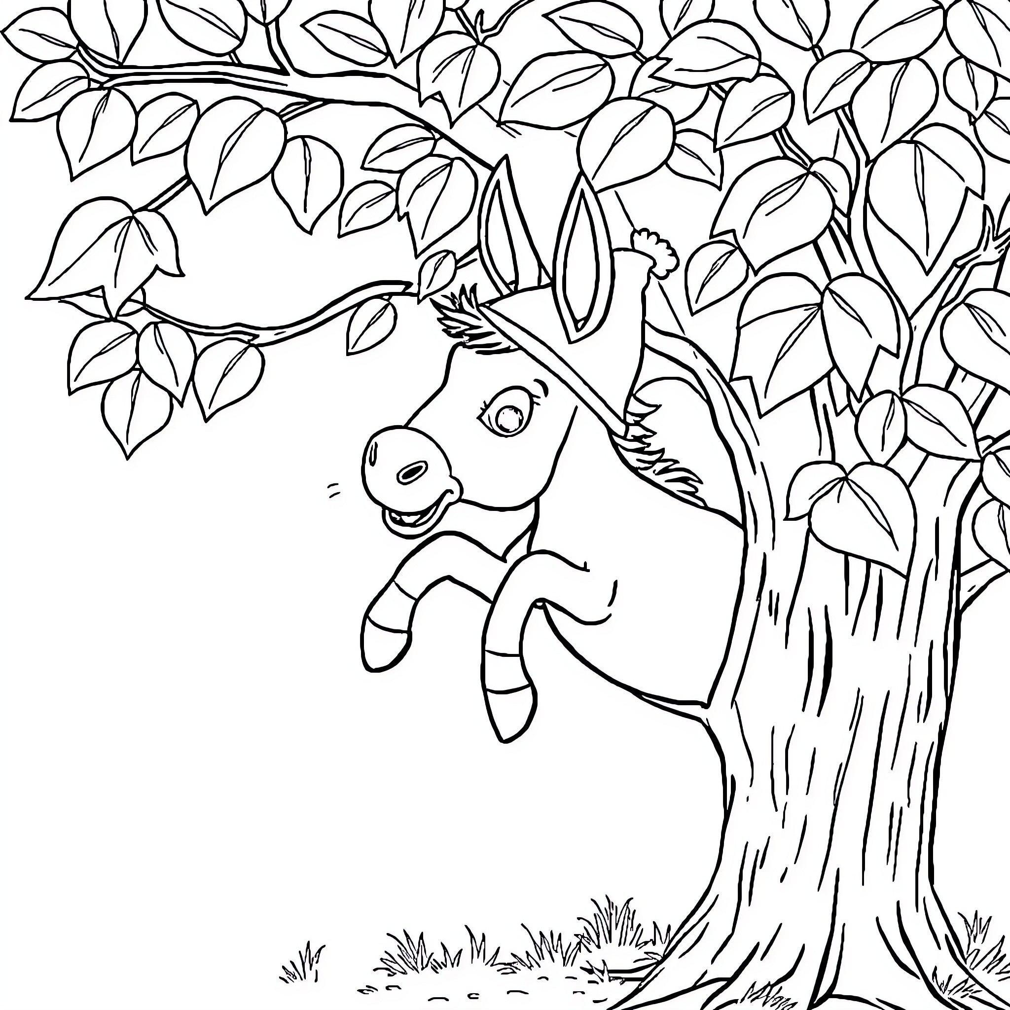 Donkey peeking out from leaves on a tree Coloring Page (free black-and-white line drawing printable PDF for all, from beginners to advanced learners, including children, teens, adults, and seniors)