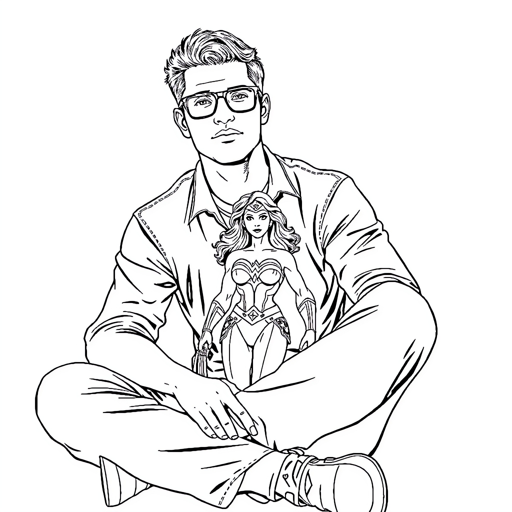 Guy with glasses and comic book character figure Coloring Page (free black-and-white line drawing printable PDF for all, from beginners to advanced learners, including children, teens, adults, and seniors)