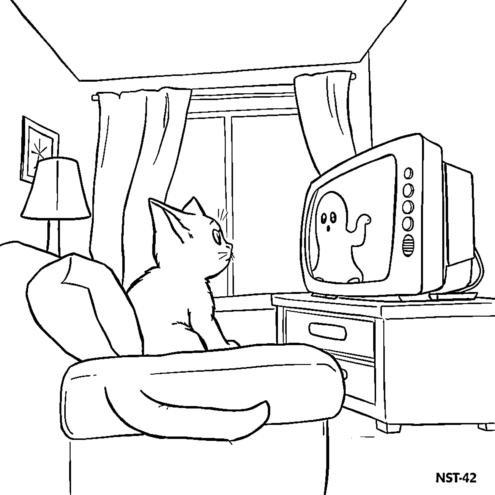Cat relaxing in front of television Coloring Page (free black-and-white line drawing printable PDF for all, from beginners to advanced learners, including children, teens, adults, and seniors)