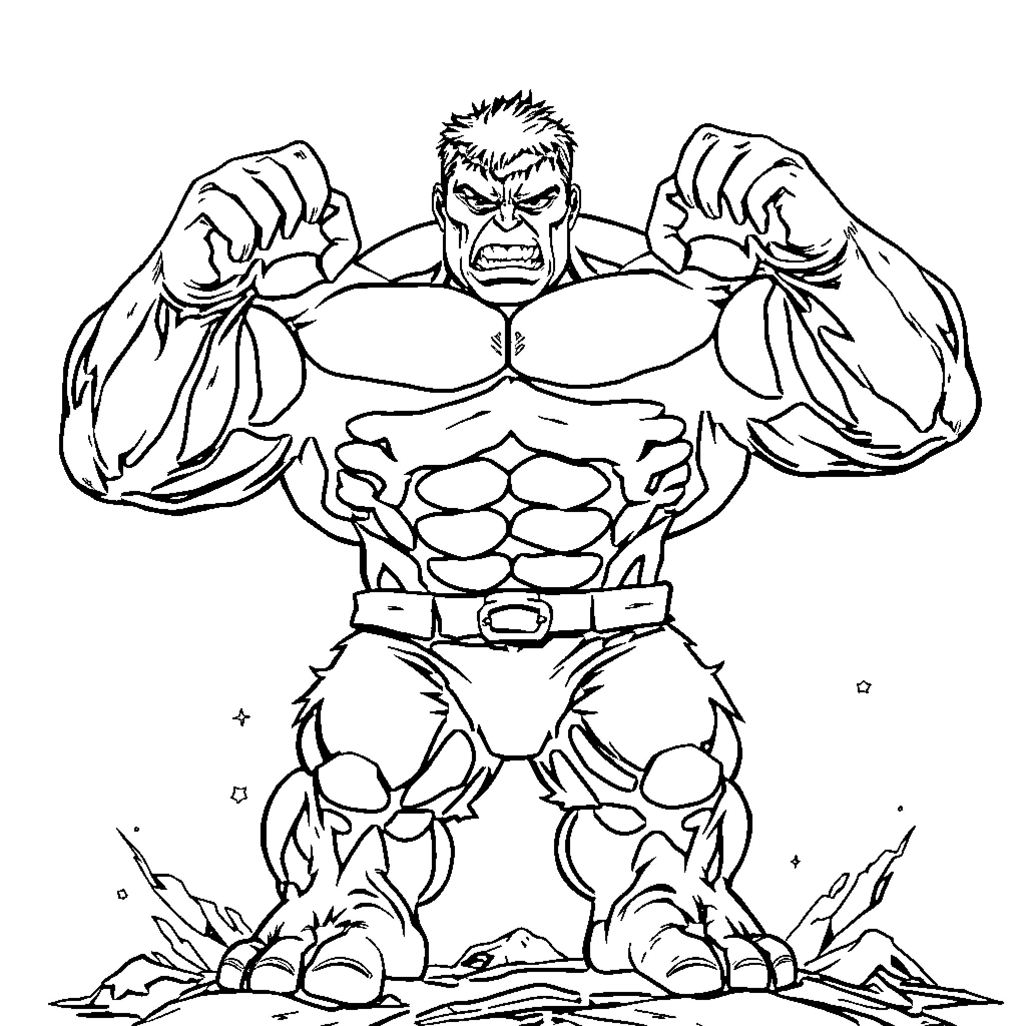 Hulk Flexing Powerful Muscles in Dramatic Pose Coloring Page (free black-and-white line drawing printable PDF for all, from beginners to advanced learners, including children, teens, adults, and seniors)