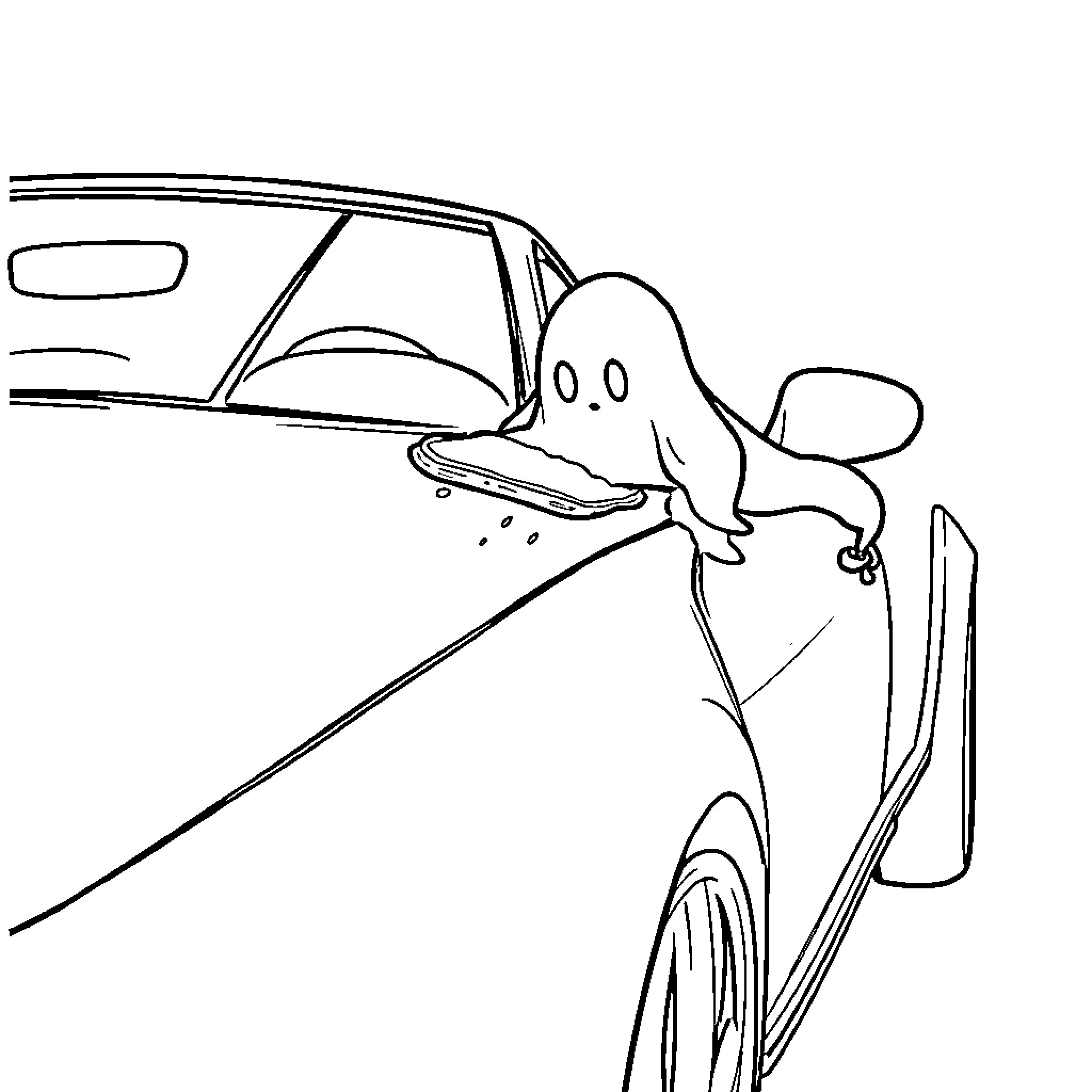 Ghost car crash surprise Coloring Page (free black-and-white line drawing printable PDF for all, from beginners to advanced learners, including children, teens, adults, and seniors)