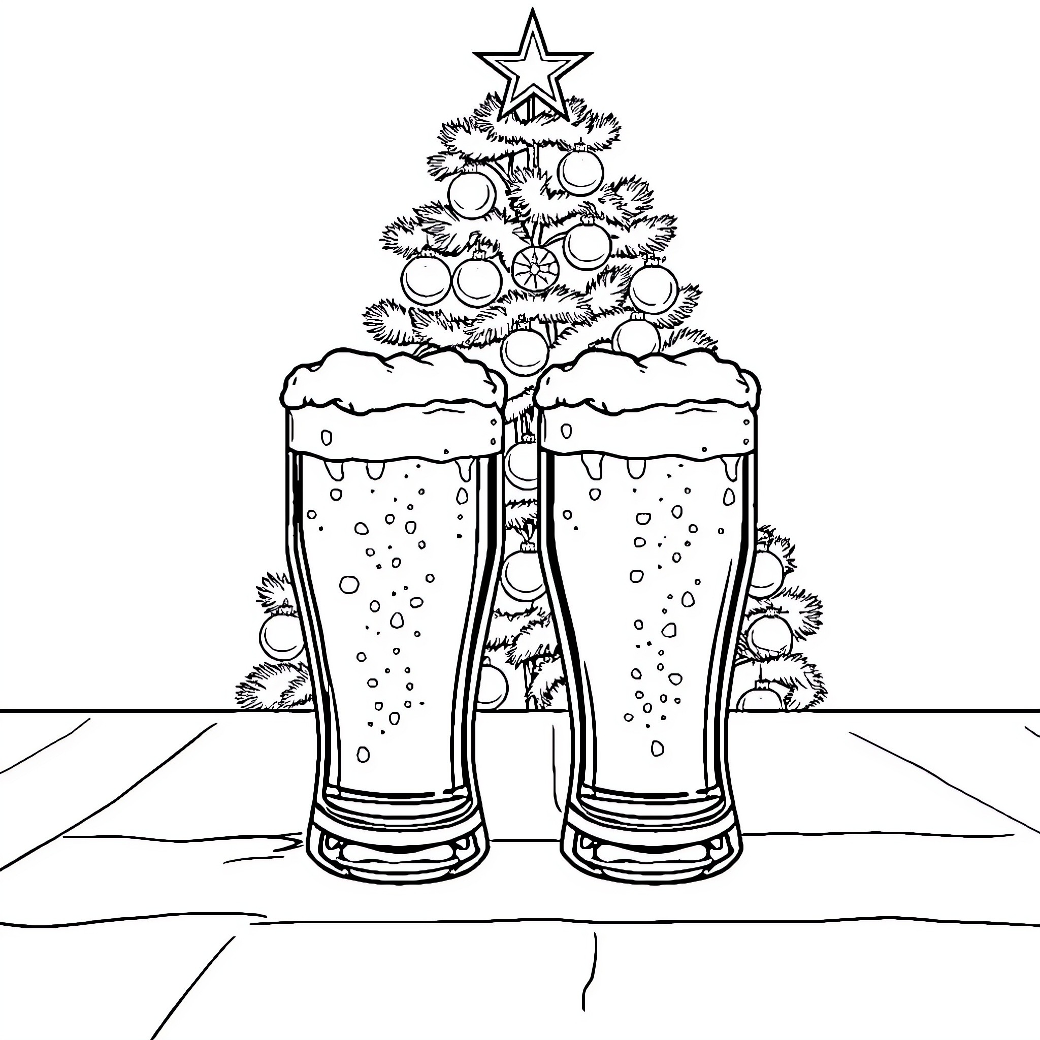 Beer Glasses Celebrating Christmas Tree Coloring Page (free black-and-white line drawing printable PDF for all, from beginners to advanced learners, including children, teens, adults, and seniors)