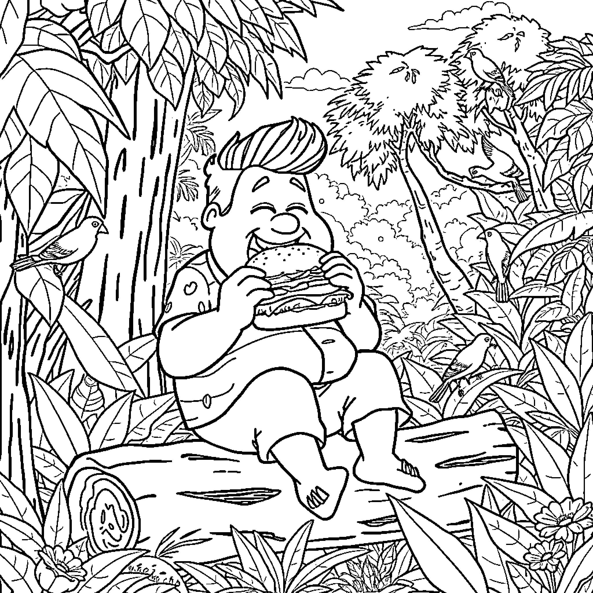 Jonah Hill enjoys a hearty meal in the lush jungle Coloring Page (free black-and-white line drawing printable PDF for all, from beginners to advanced learners, including children, teens, adults, and seniors)