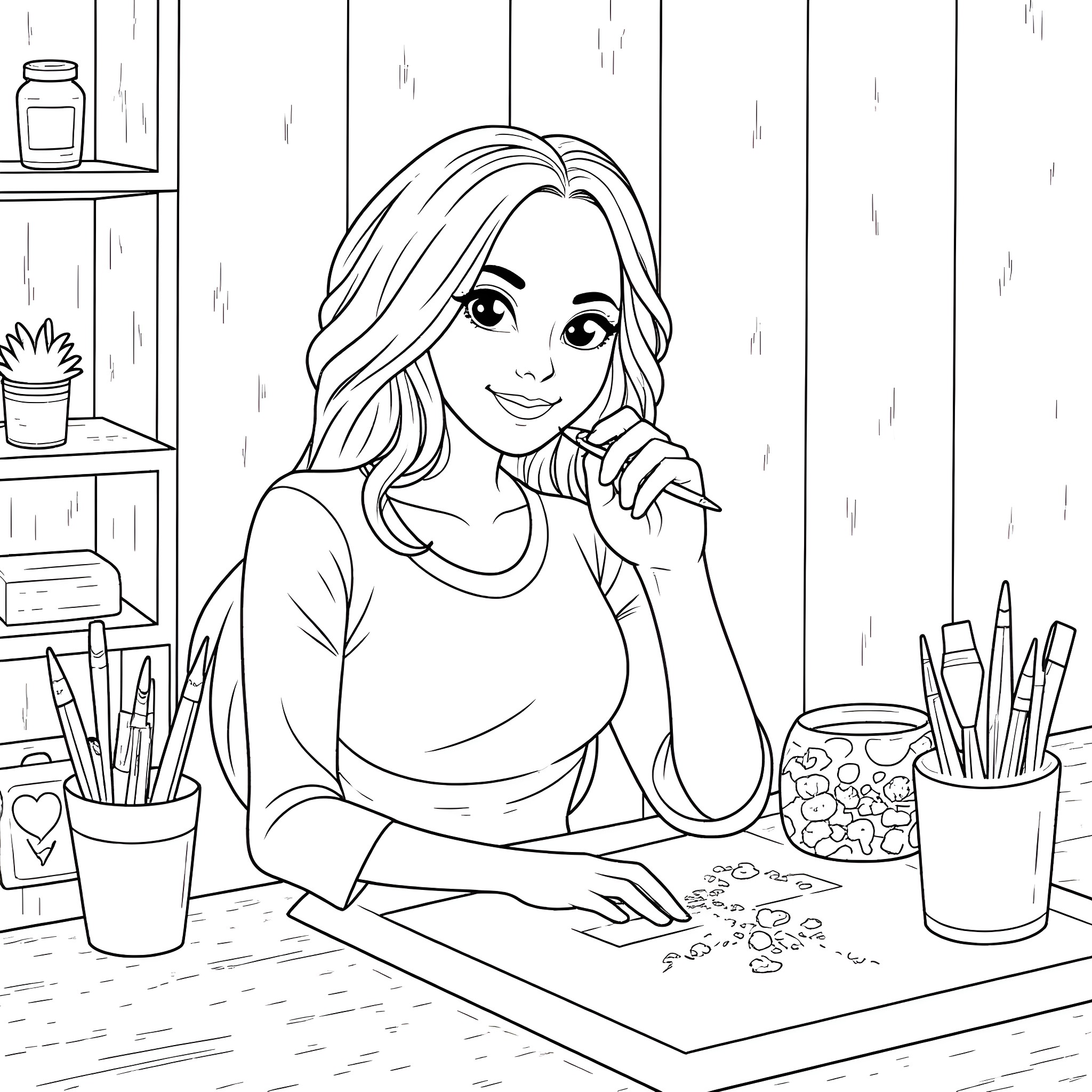 Mandy's Creative Workspace Coloring Page (free black-and-white line drawing printable PDF for all, from beginners to advanced learners, including children, teens, adults, and seniors)