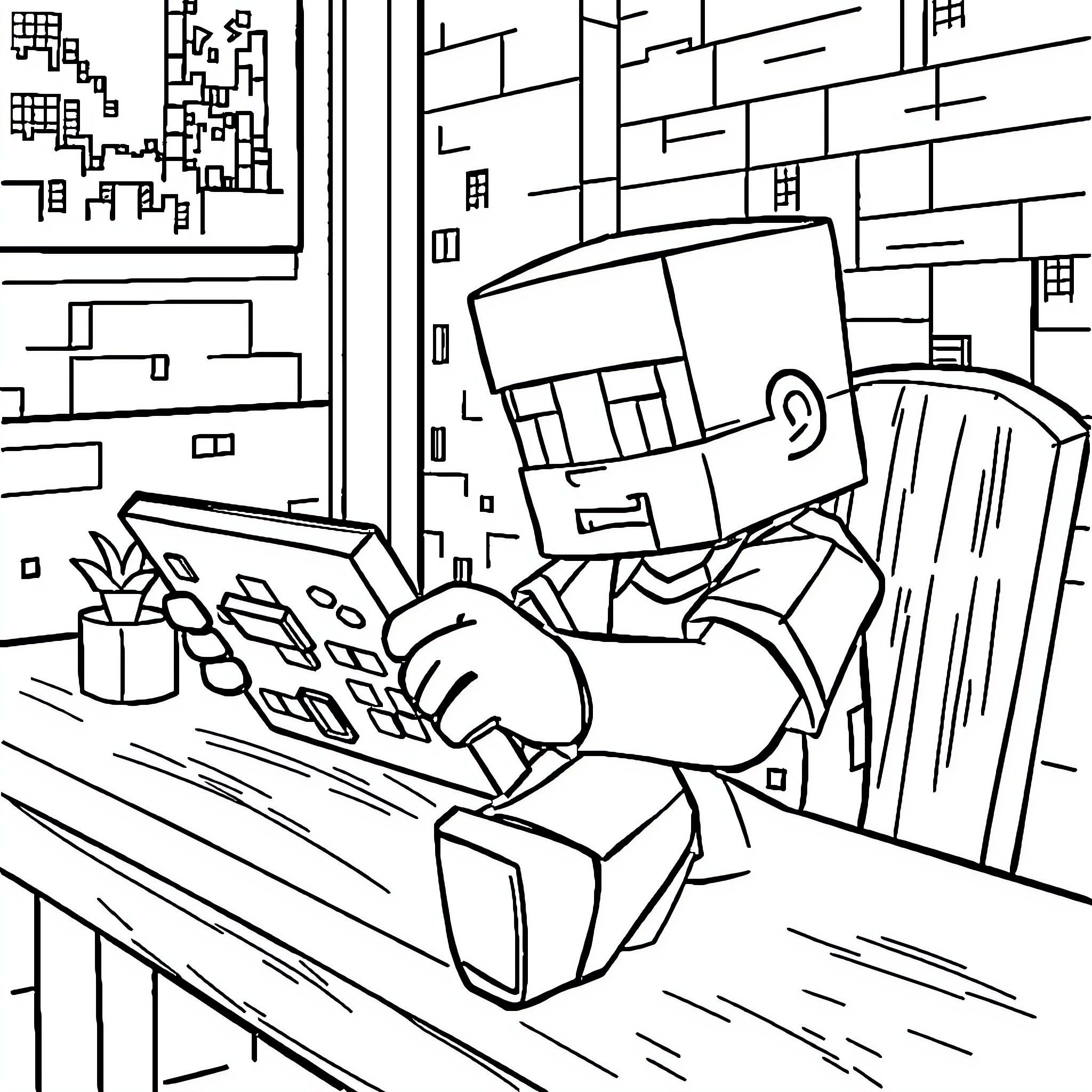 Bluey exploring the city and its technology Coloring Page (free black-and-white line drawing printable PDF for all, from beginners to advanced learners, including children, teens, adults, and seniors)