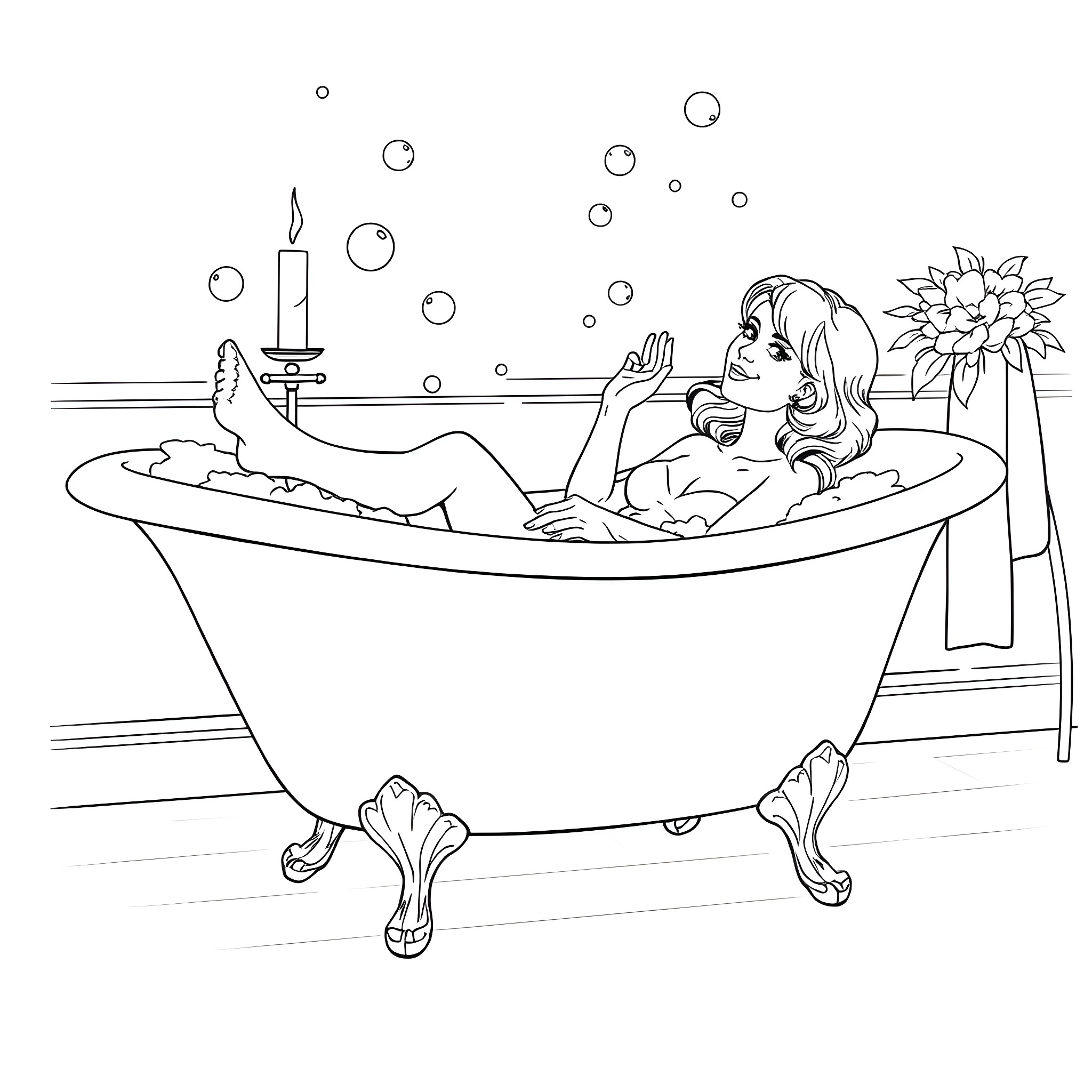 Gwen Stacy relaxing in a bubble bath Coloring Page (free black-and-white line drawing printable PDF for all, from beginners to advanced learners, including children, teens, adults, and seniors)