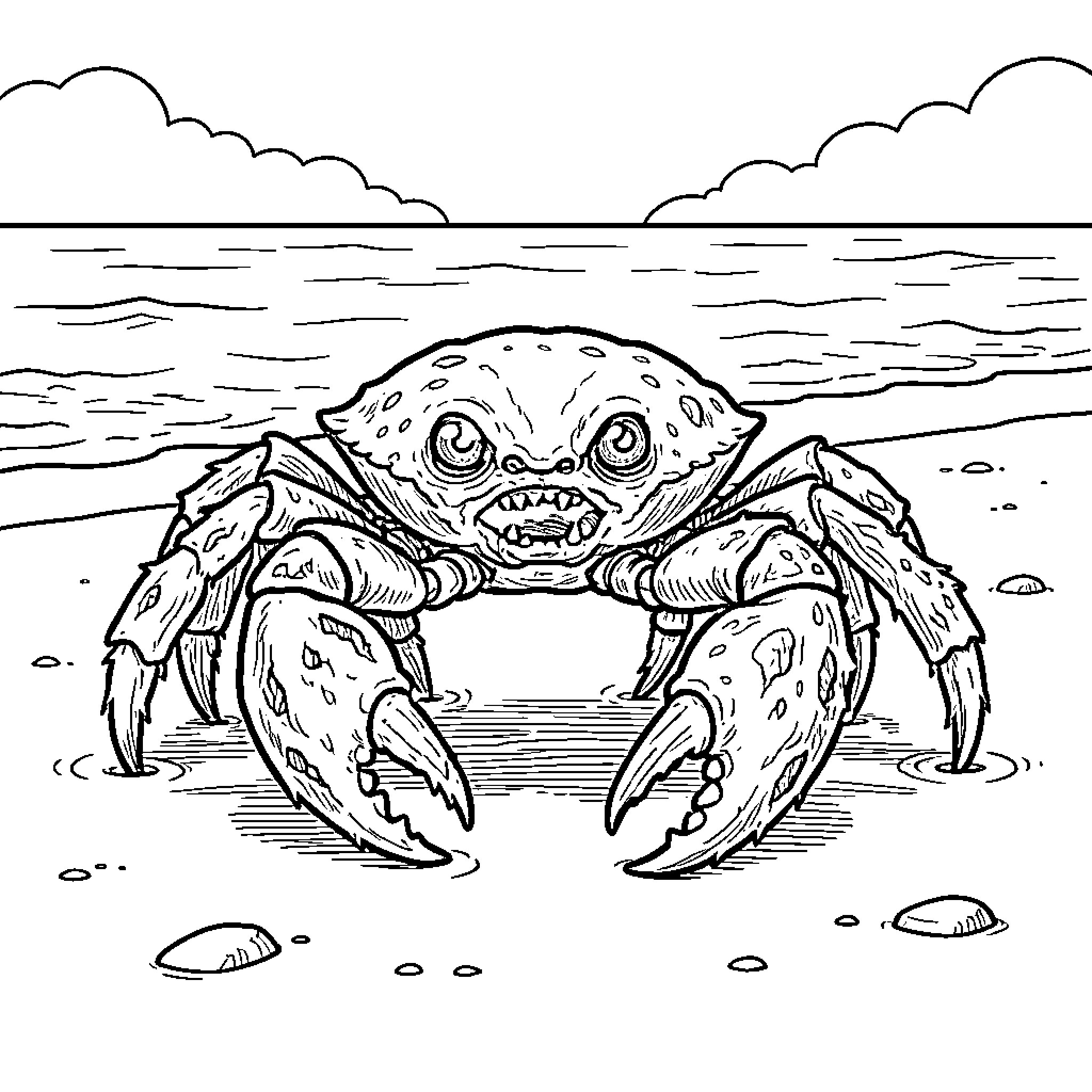 Crab scuttling along the beach Coloring Page (free black-and-white line drawing printable PDF for all, from beginners to advanced learners, including children, teens, adults, and seniors)
