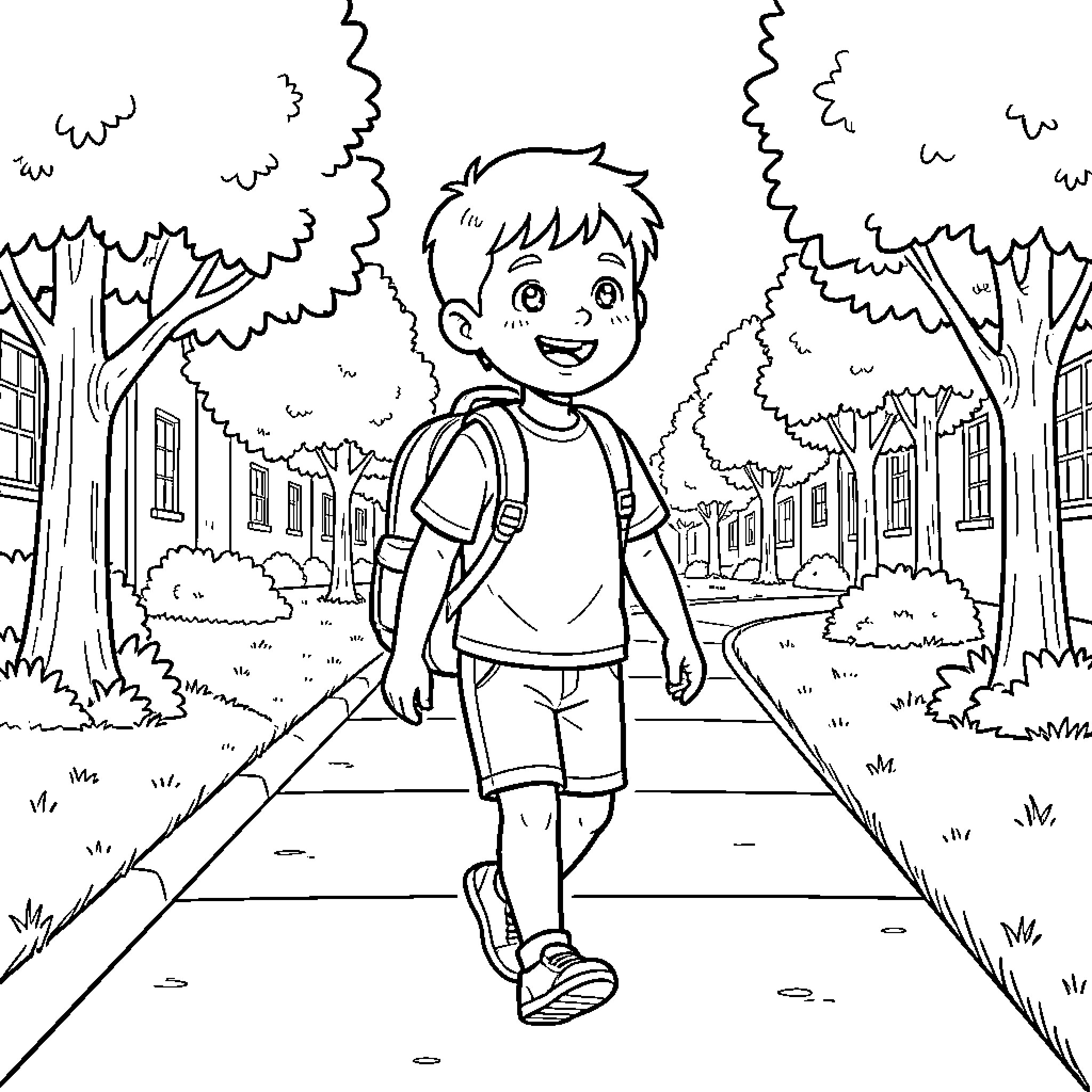 Boy walking on a path in the neighborhood Coloring Page (free black-and-white line drawing printable PDF for all, from beginners to advanced learners, including children, teens, adults, and seniors)