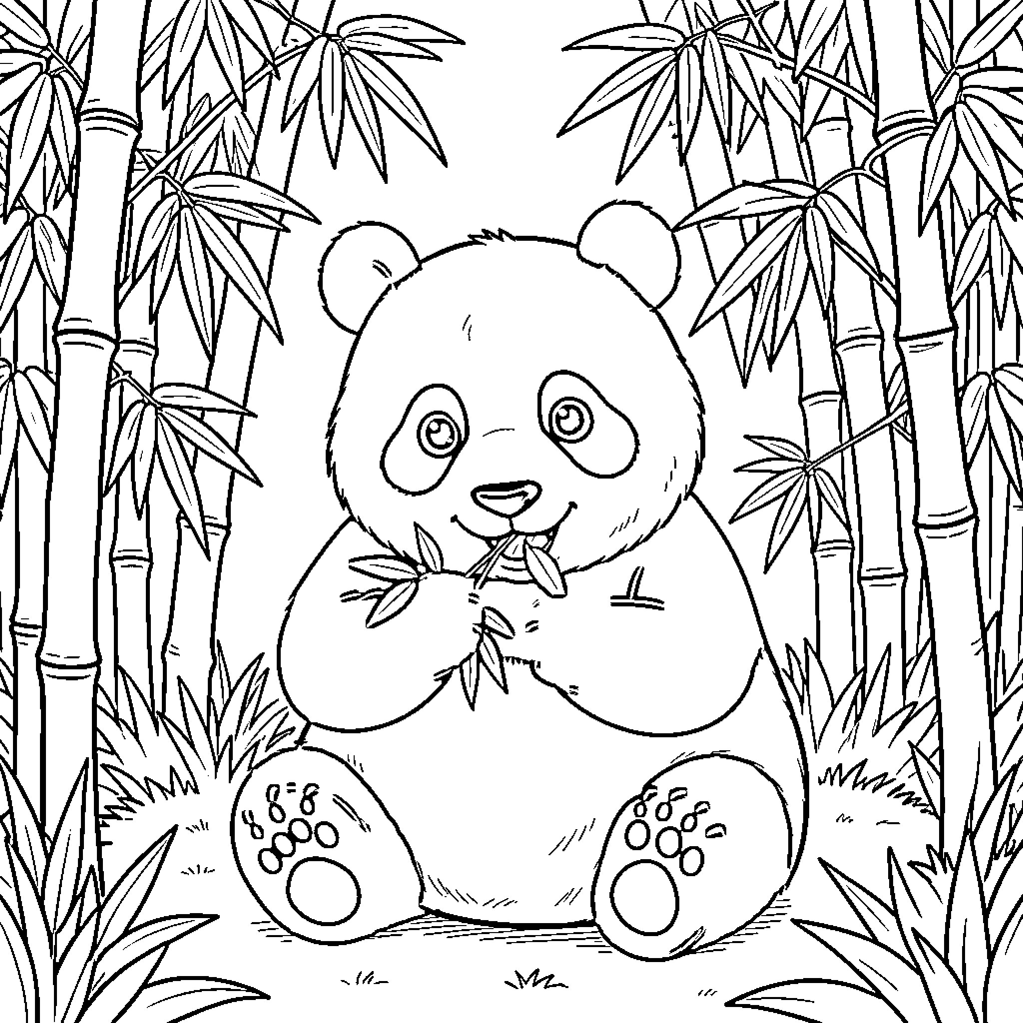 Panda enjoying bamboo in natural habitat Coloring Page (free black-and-white line drawing printable PDF for all, from beginners to advanced learners, including children, teens, adults, and seniors)