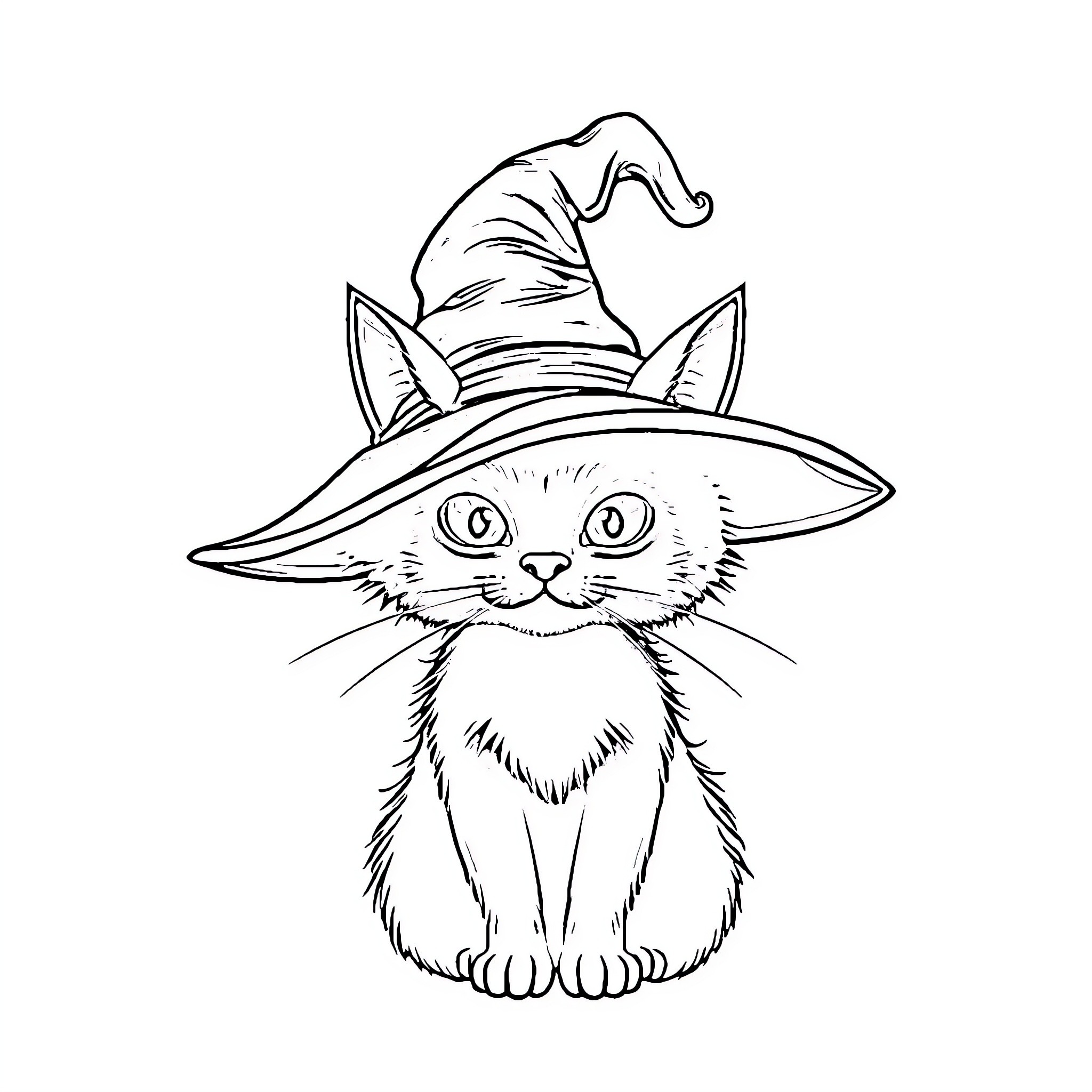 Cat in Witch Hat Coloring Page (free black-and-white line drawing printable PDF for all, from beginners to advanced learners, including children, teens, adults, and seniors)