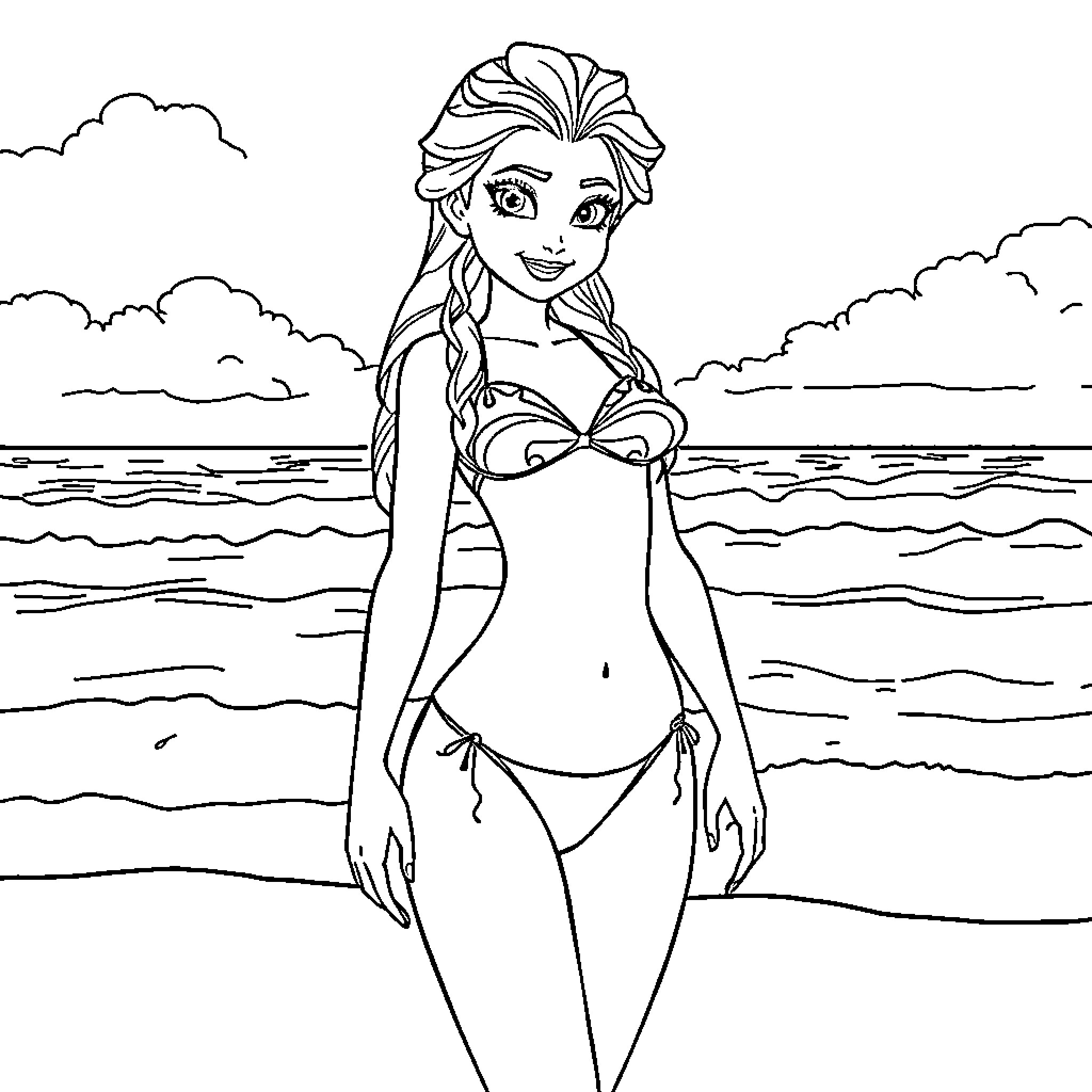 Elsa enjoying a day at the beach Coloring Page (free black-and-white line drawing printable PDF for all, from beginners to advanced learners, including children, teens, adults, and seniors)