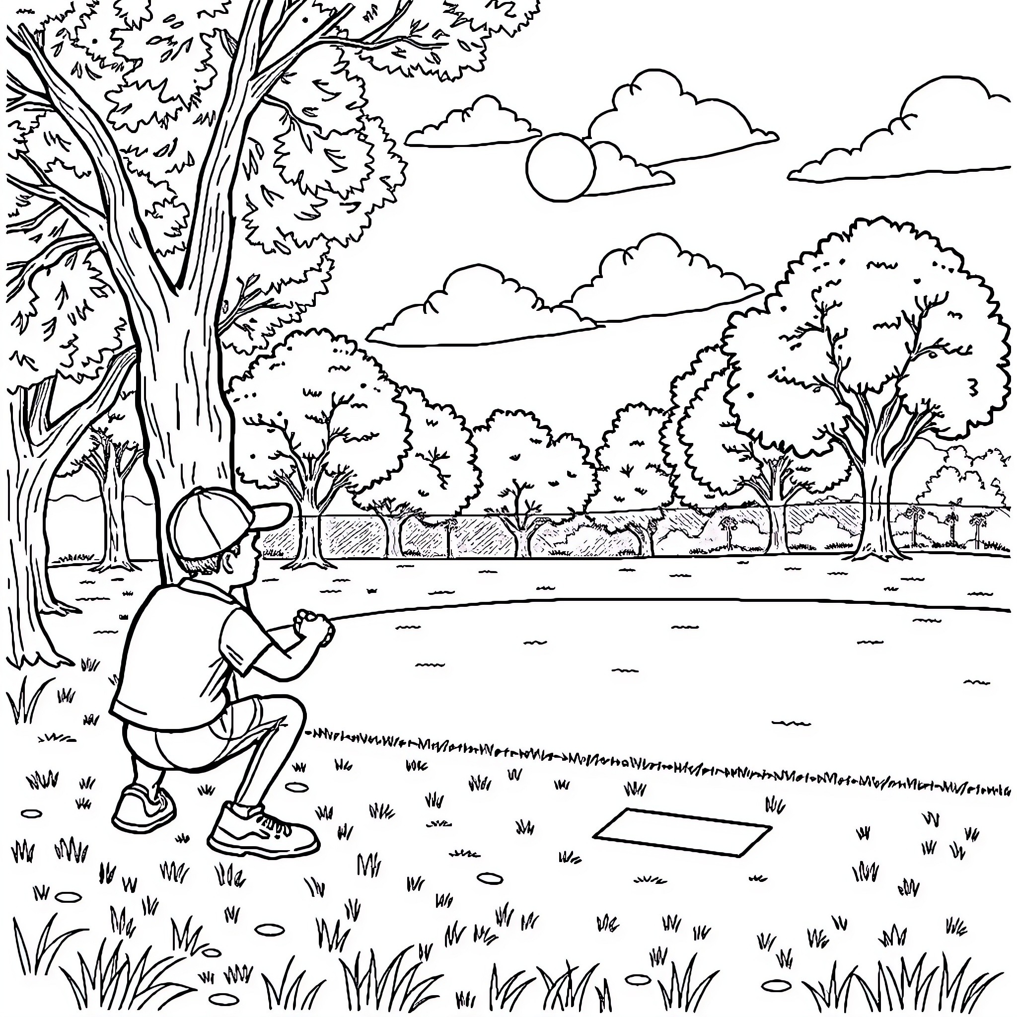 Bingo! Boy exploring nature in the park Coloring Page (free black-and-white line drawing printable PDF for all, from beginners to advanced learners, including children, teens, adults, and seniors)