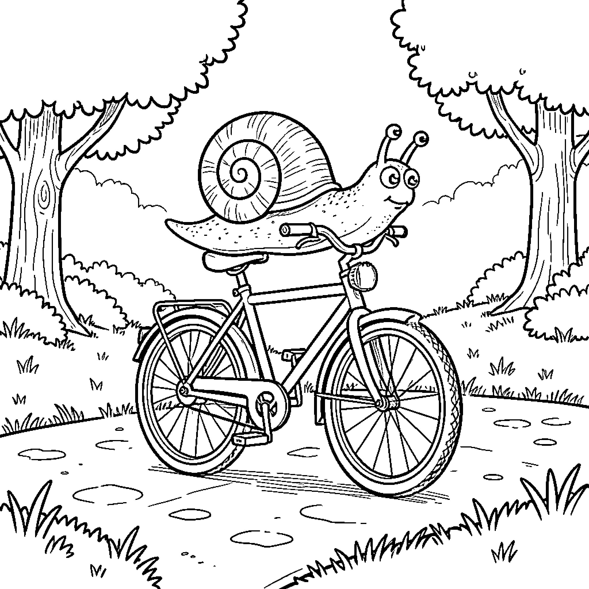 Snail riding a bicycle through a forest path Coloring Page (free black-and-white line drawing printable PDF for all, from beginners to advanced learners, including children, teens, adults, and seniors)