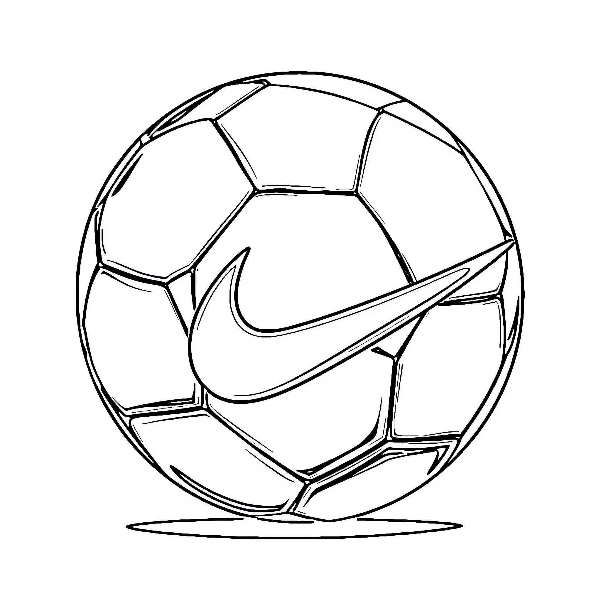 Soccer Ball with Nike Logo Coloring Page (free black-and-white line drawing printable PDF for all, from beginners to advanced learners, including children, teens, adults, and seniors)