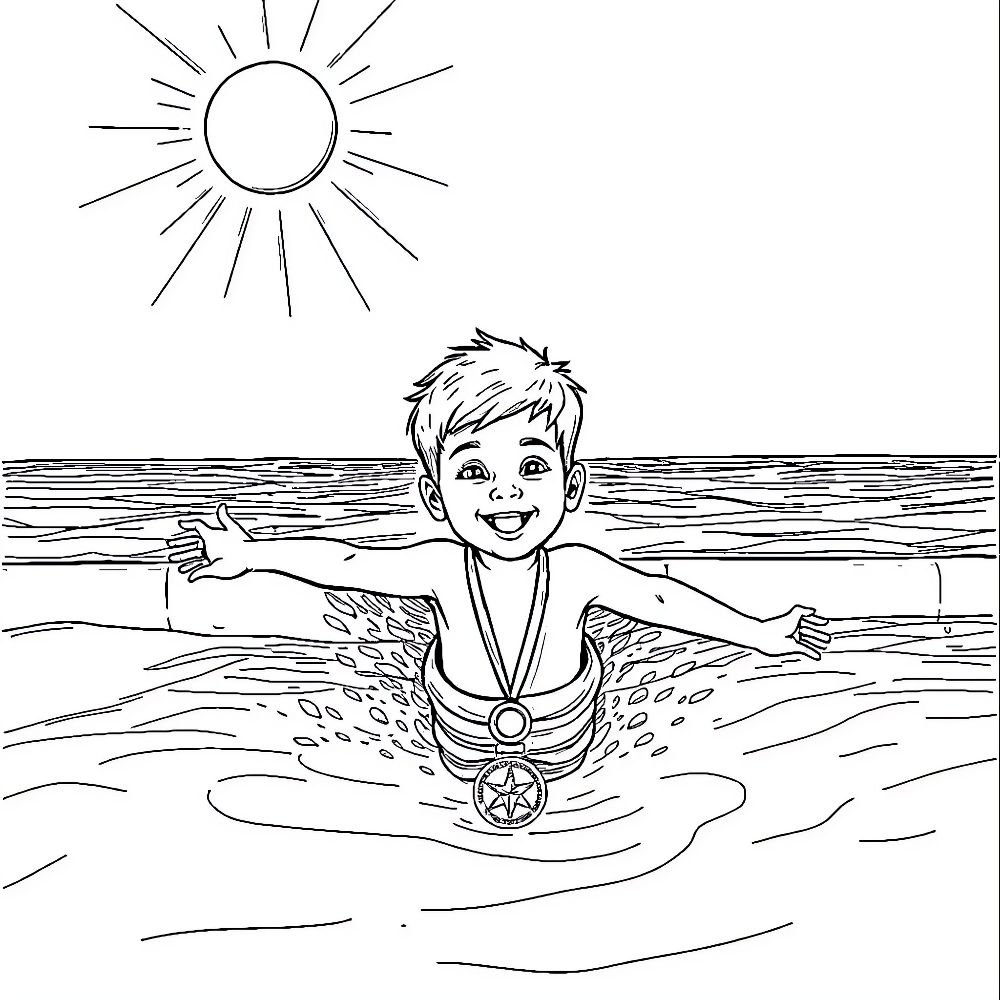 Child enjoying a sunny day at the beach Coloring Page (free black-and-white line drawing printable PDF for all, from beginners to advanced learners, including children, teens, adults, and seniors)