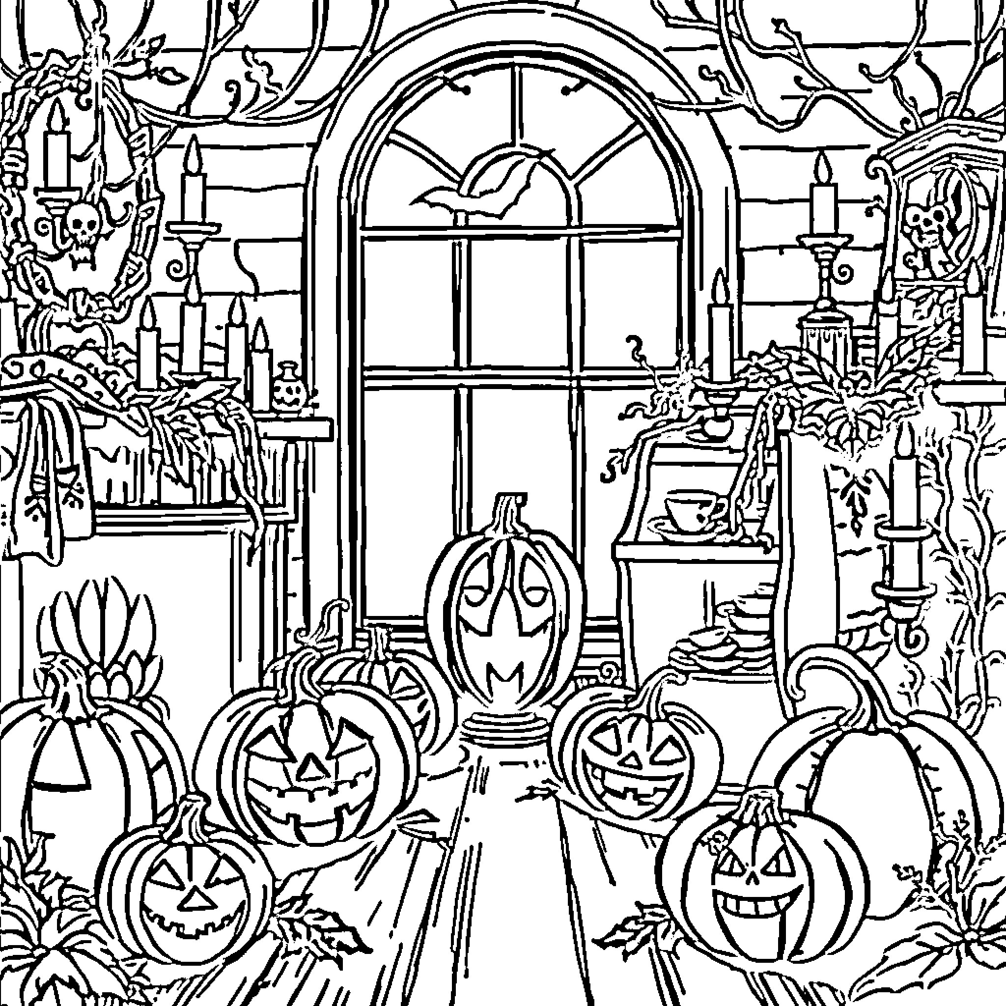 Halloween festive decor with carved pumpkins and window Coloring Page (free black-and-white line drawing printable PDF for all, from beginners to advanced learners, including children, teens, adults, and seniors)