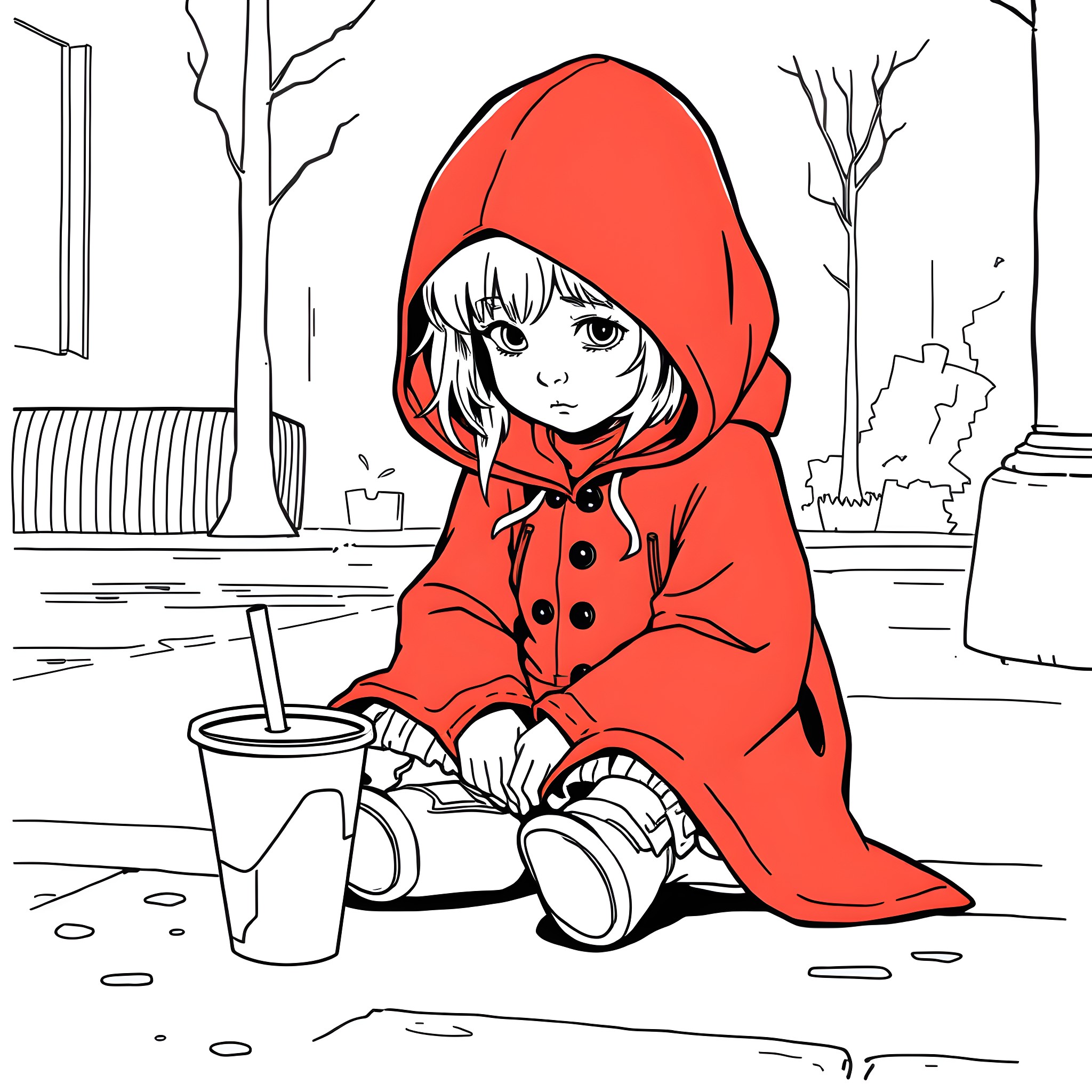 Girl in red hooded coat sitting on the ground Coloring Page (free black-and-white line drawing printable PDF for all, from beginners to advanced learners, including children, teens, adults, and seniors)
