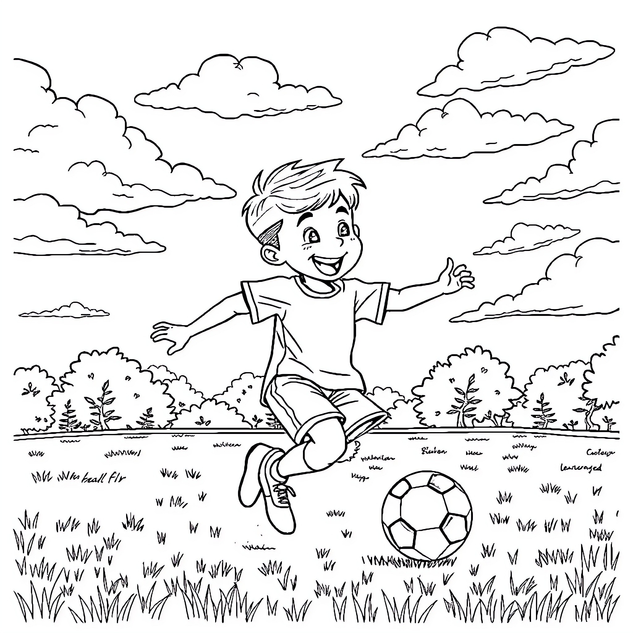 Boy playing happily with soccer ball in the park Coloring Page (free black-and-white line drawing printable PDF for all, from beginners to advanced learners, including children, teens, adults, and seniors)