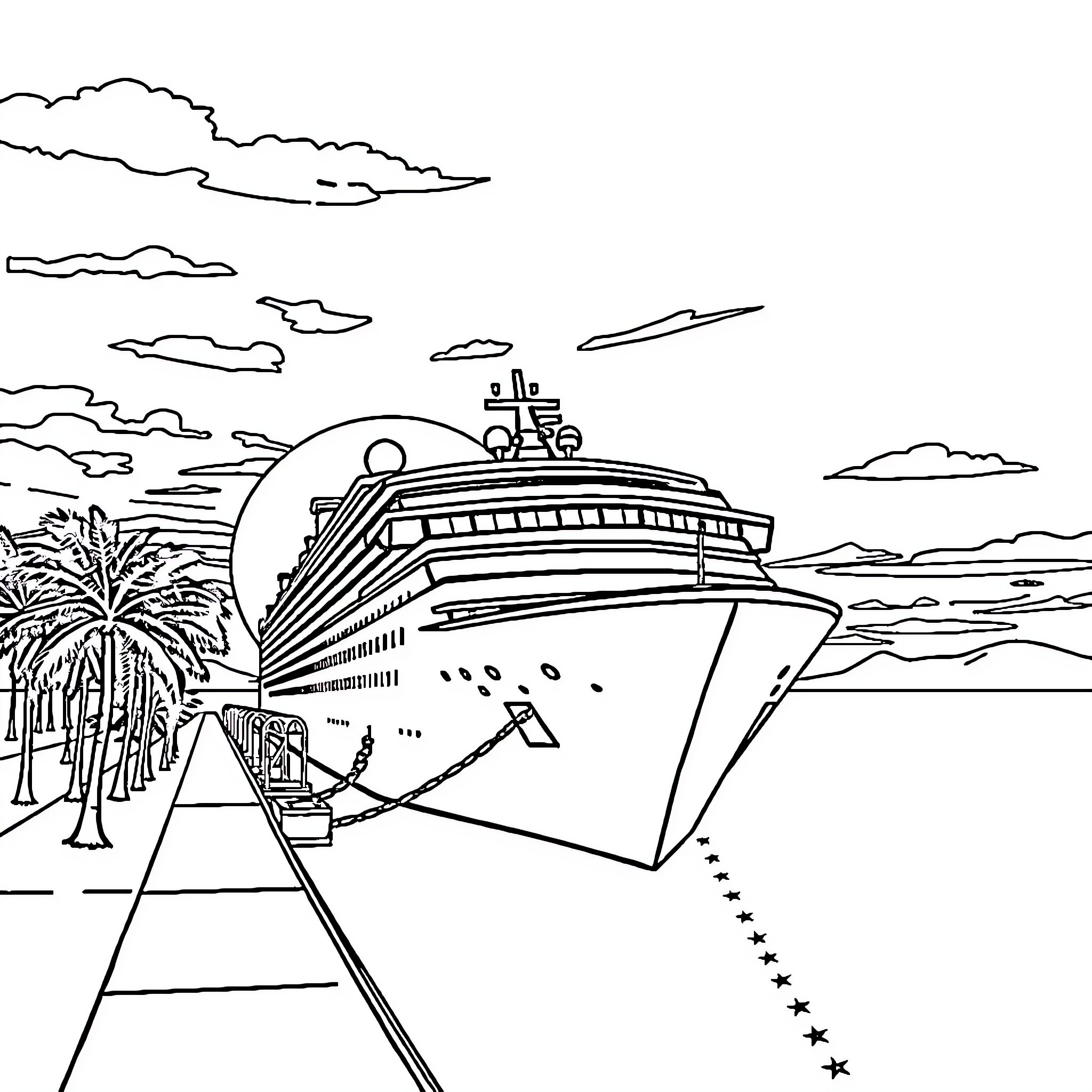 Cruise Ship Docked at Tropical Destination Coloring Page (free black-and-white line drawing printable PDF for all, from beginners to advanced learners, including children, teens, adults, and seniors)