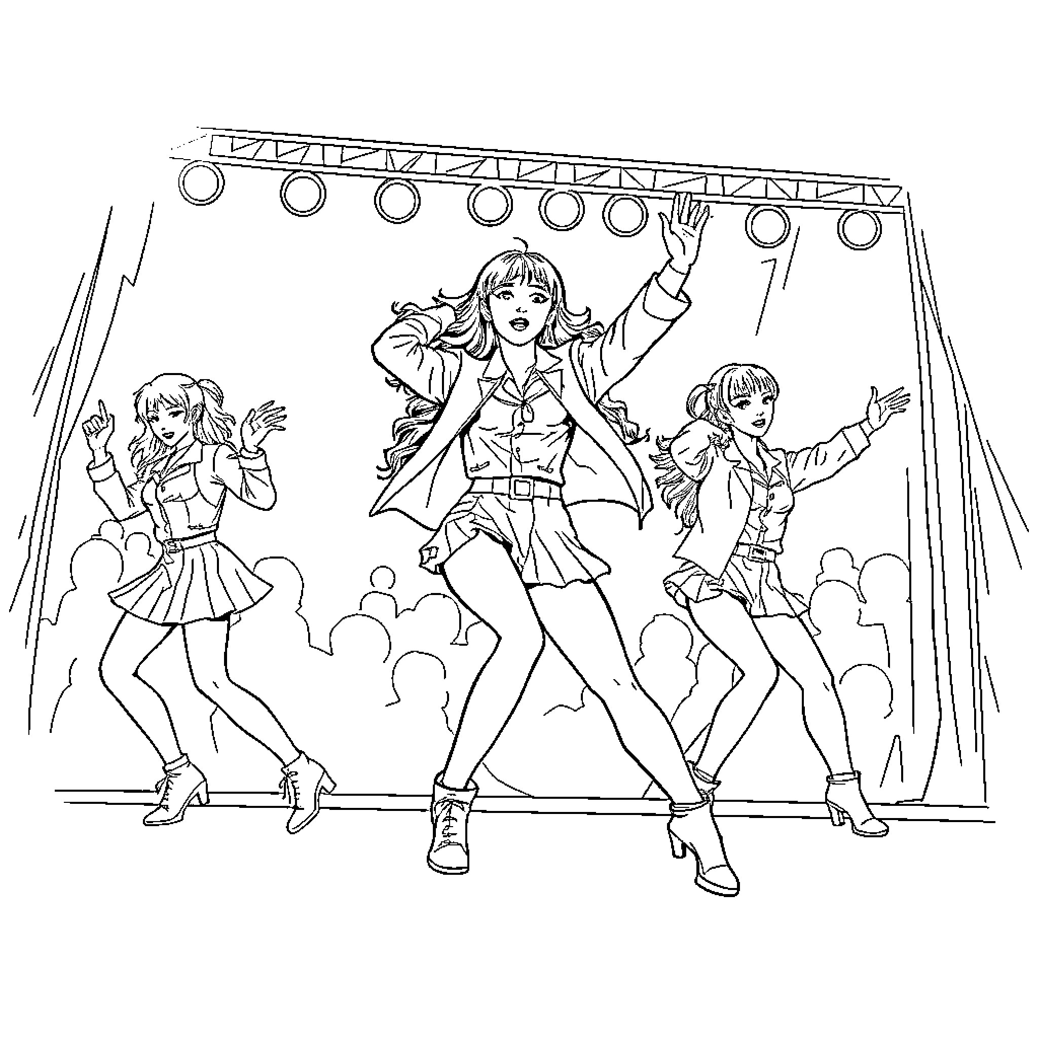 K-Pop Warriors Performing on Stage Coloring Page (free black-and-white line drawing printable PDF for all, from beginners to advanced learners, including children, teens, adults, and seniors)