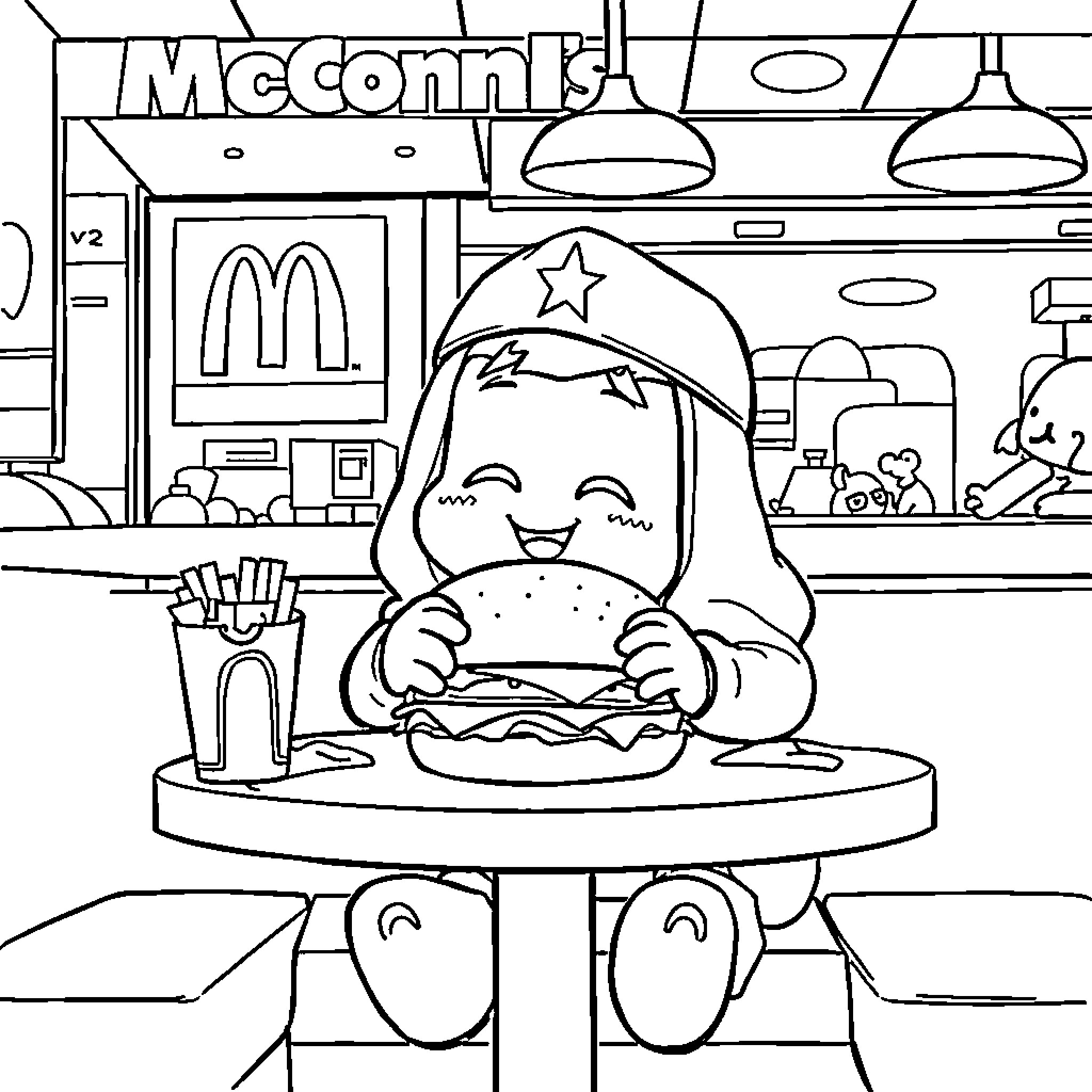 Rumi enjoying a delicious burger at the diner Coloring Page (free black-and-white line drawing printable PDF for all, from beginners to advanced learners, including children, teens, adults, and seniors)