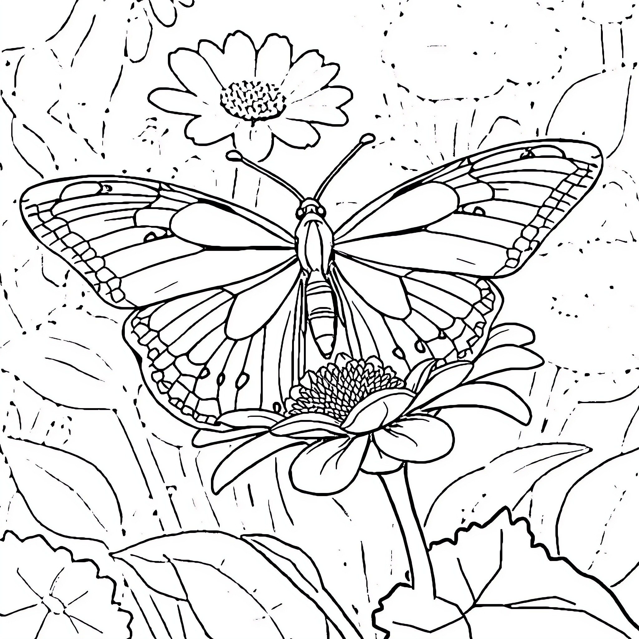 Butterfly among blooming flowers Coloring Page (free black-and-white line drawing printable PDF for all, from beginners to advanced learners, including children, teens, adults, and seniors)