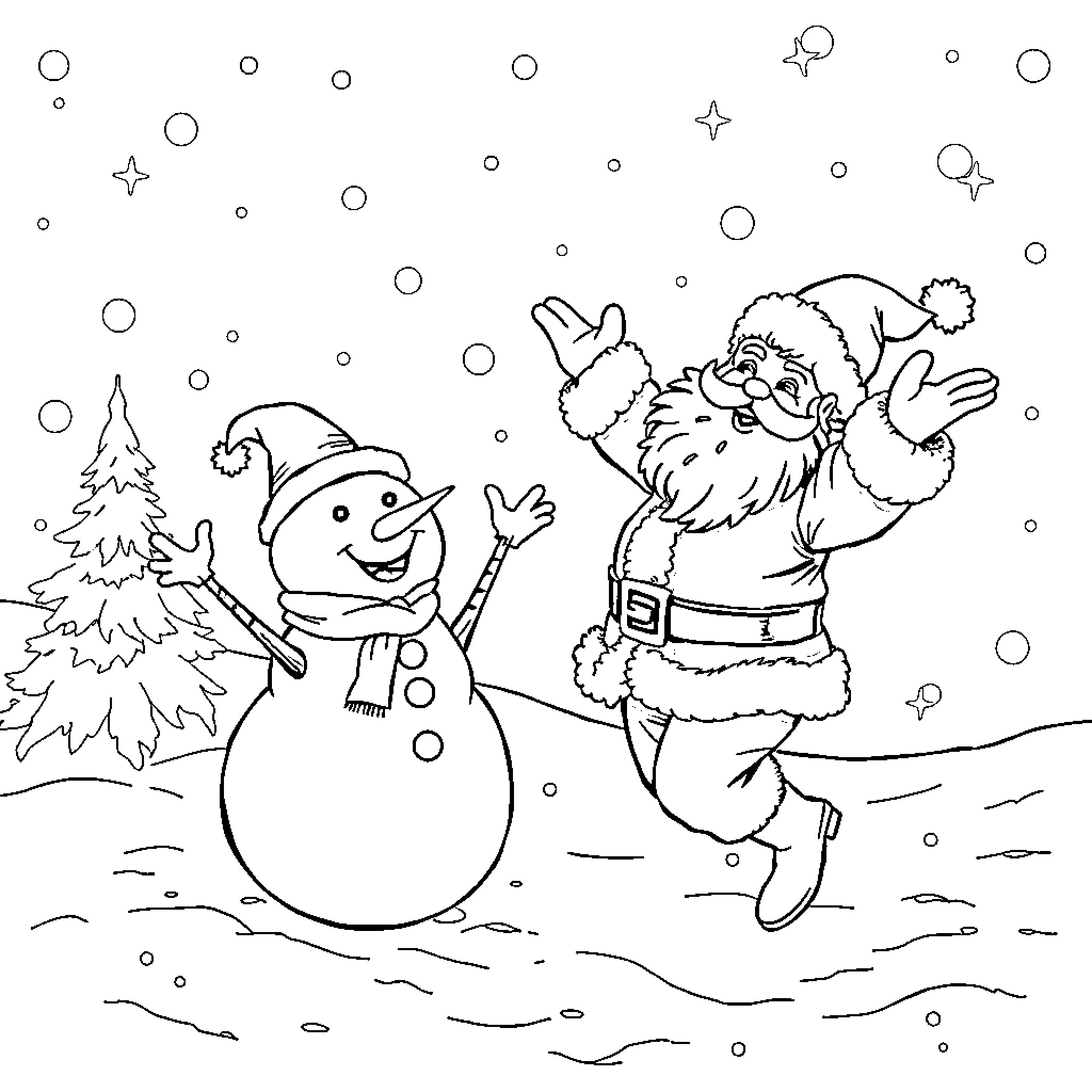 Santa Playing with Snowman in Winter Wonderland Coloring Page (free black-and-white line drawing printable PDF for all, from beginners to advanced learners, including children, teens, adults, and seniors)
