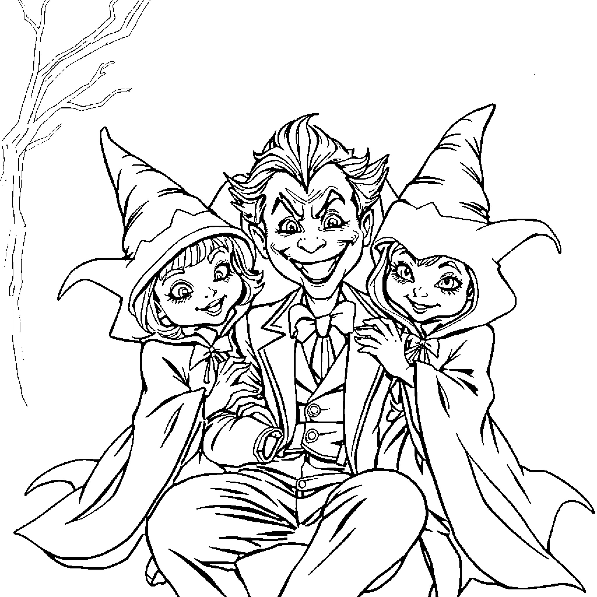 Joker surrounded by his whimsical companions Coloring Page (free black-and-white line drawing printable PDF for all, from beginners to advanced learners, including children, teens, adults, and seniors)