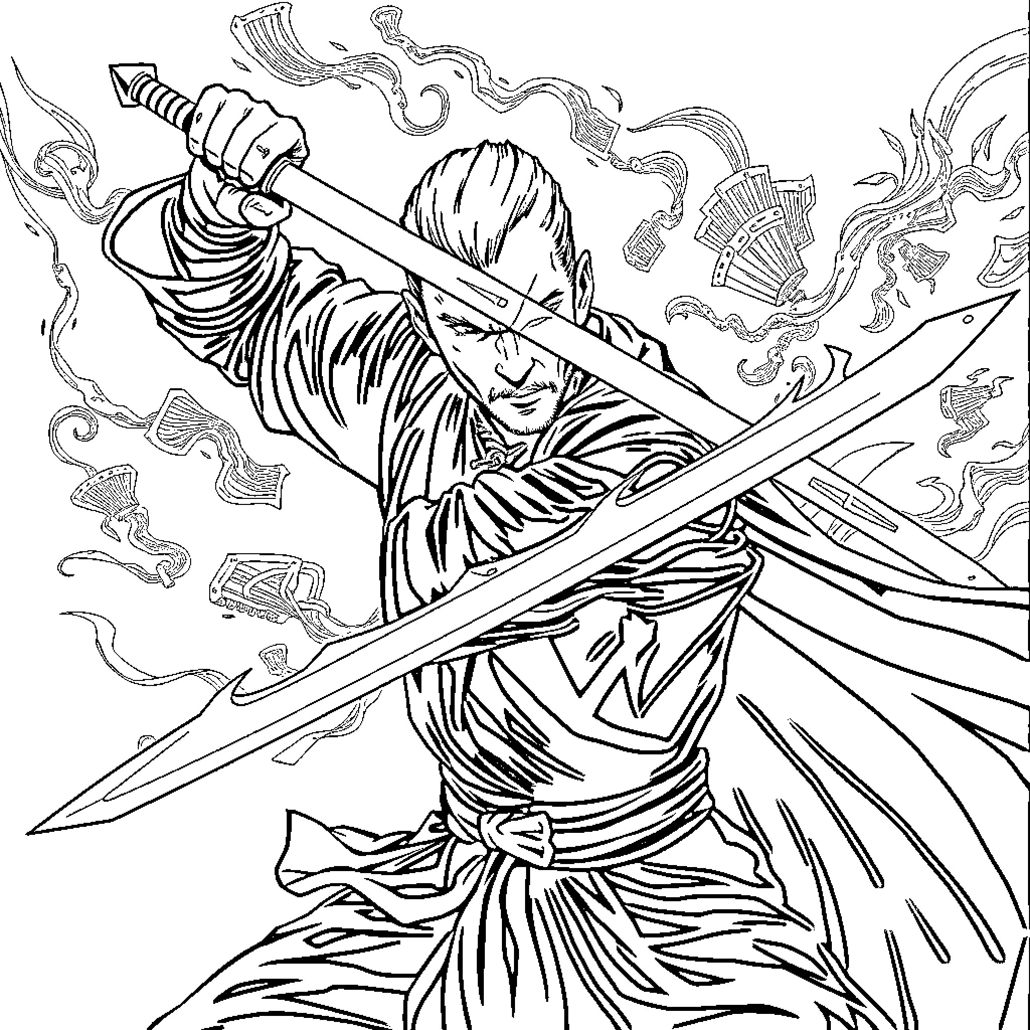 Man wielding swords in dynamic action pose Coloring Page (free black-and-white line drawing printable PDF for all, from beginners to advanced learners, including children, teens, adults, and seniors)