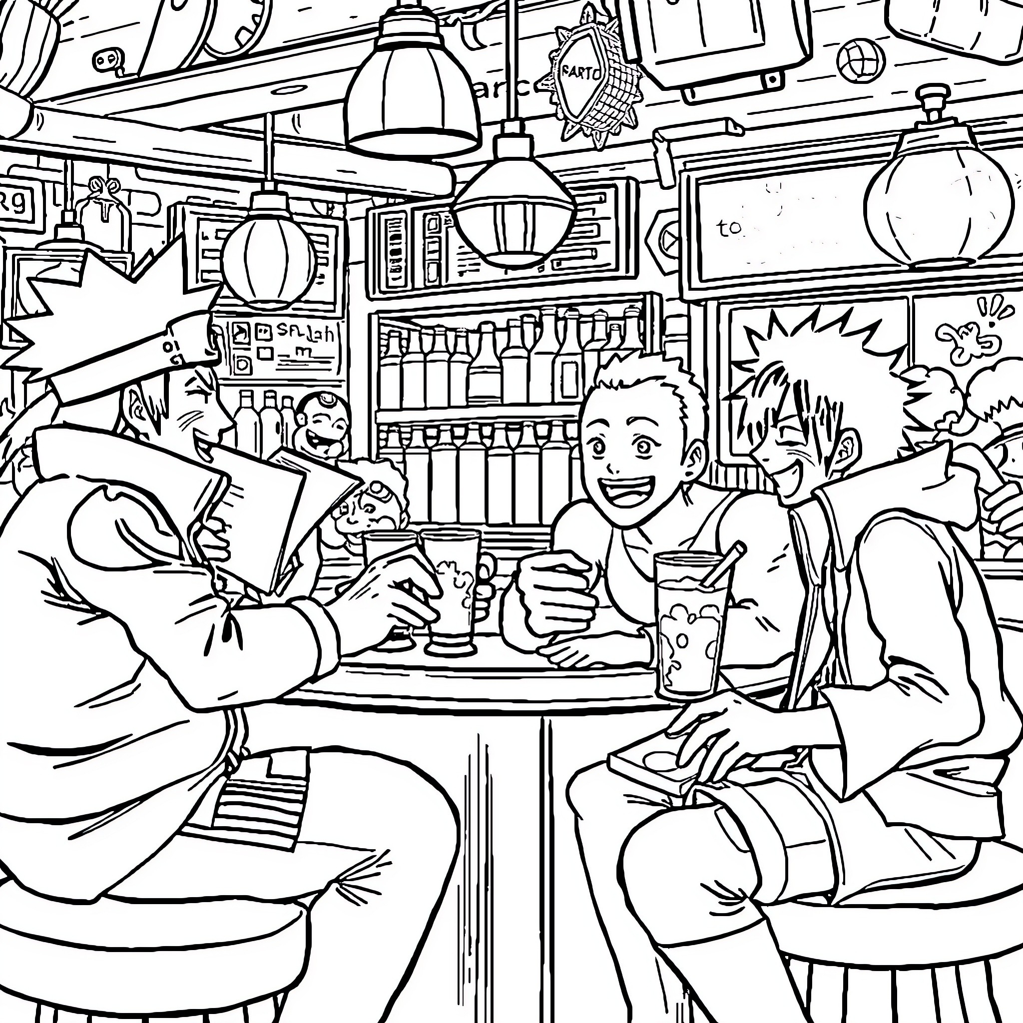 Character socializing in a lively cafe setting Coloring Page (free black-and-white line drawing printable PDF for all, from beginners to advanced learners, including children, teens, adults, and seniors)
