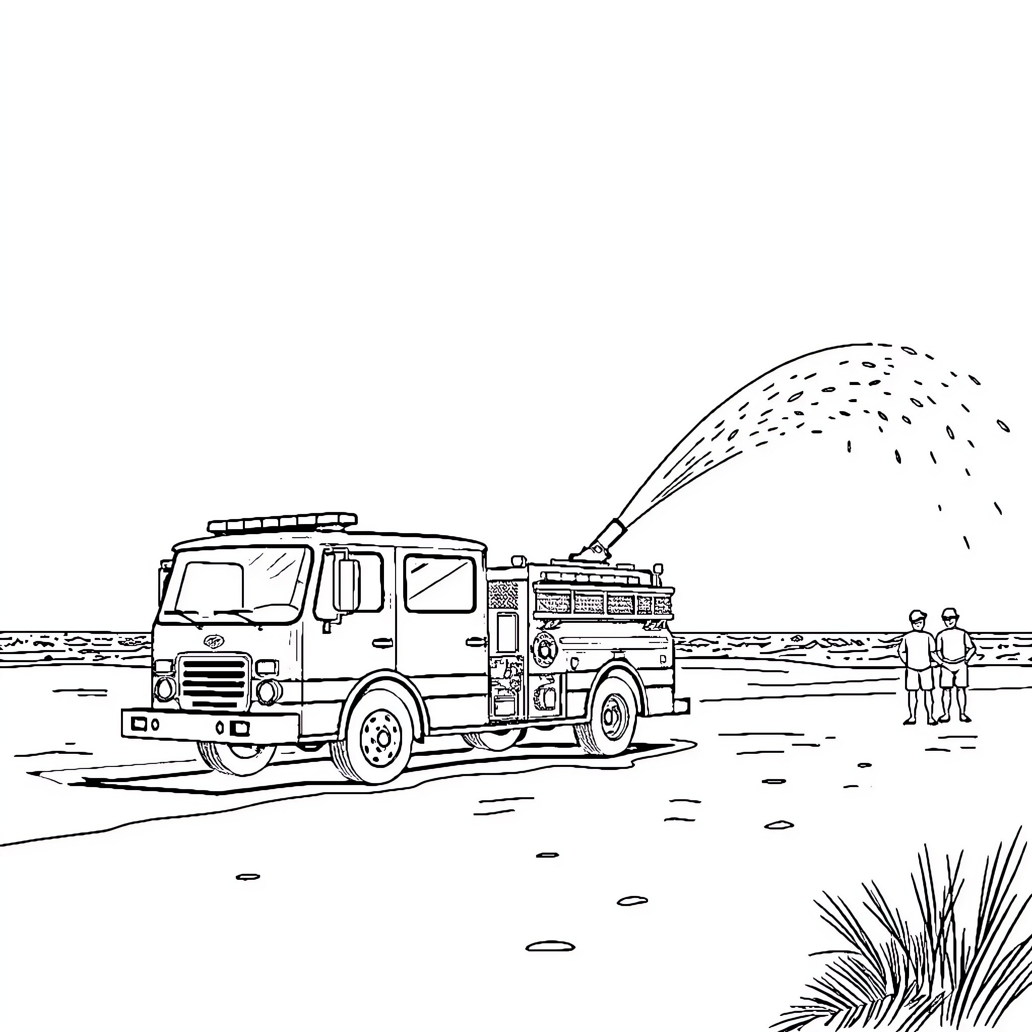 Firetruck spraying water at emergency scene Coloring Page (free black-and-white line drawing printable PDF for all, from beginners to advanced learners, including children, teens, adults, and seniors)