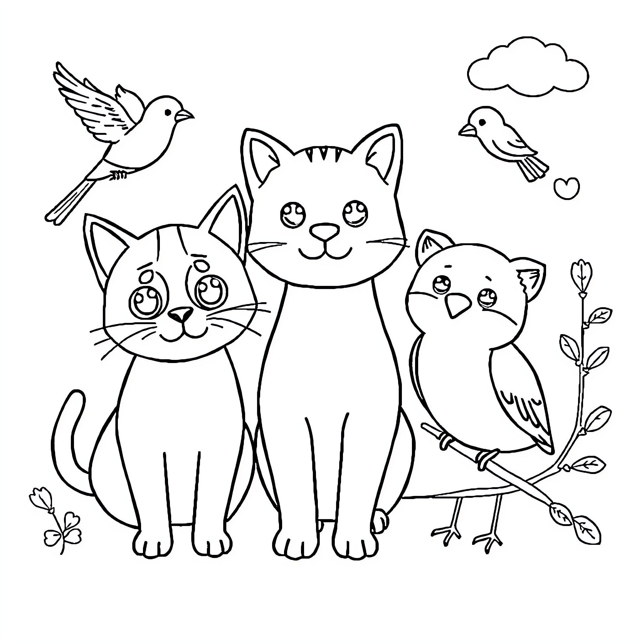 Animal friends in a whimsical nature scene Coloring Page (free black-and-white line drawing printable PDF for all, from beginners to advanced learners, including children, teens, adults, and seniors)